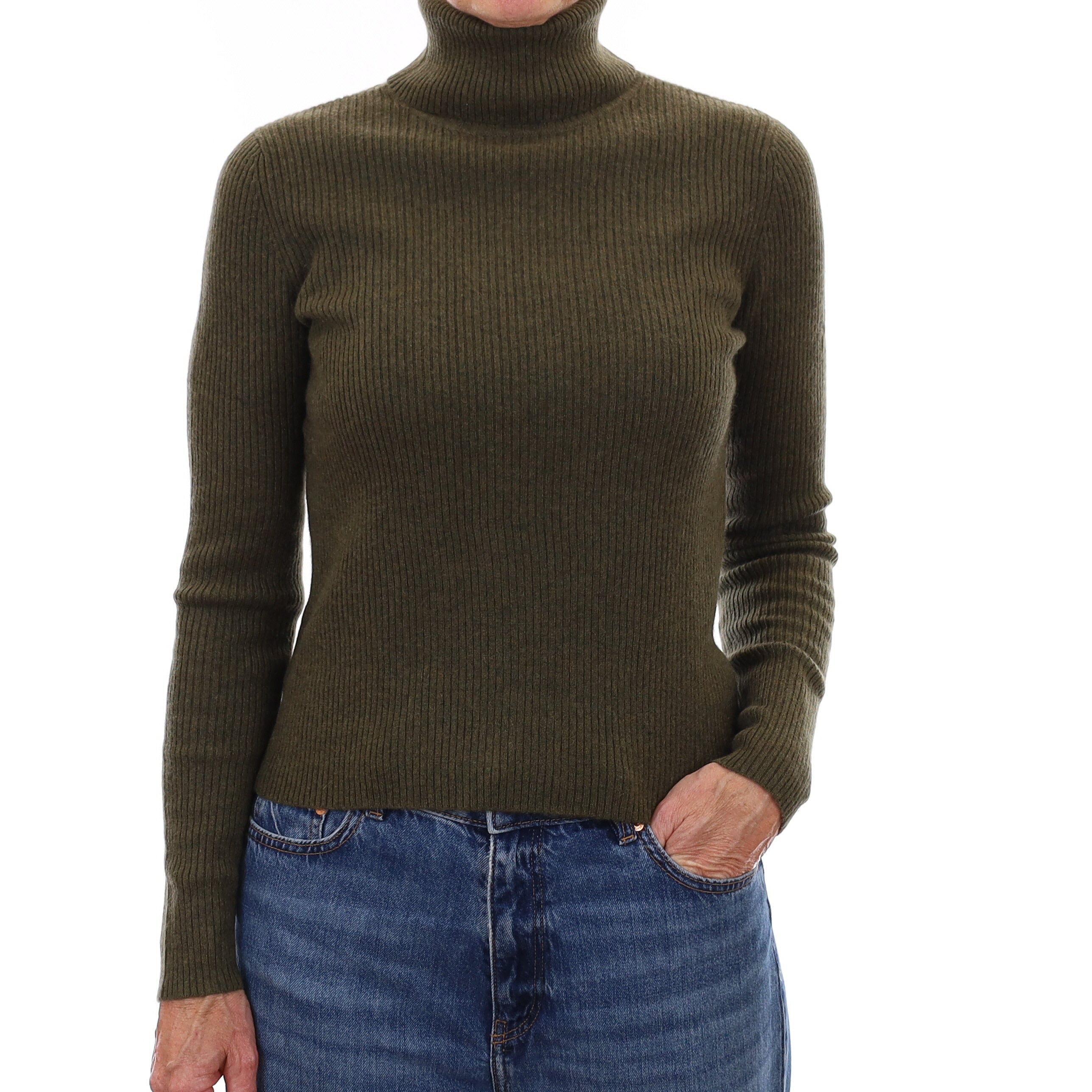 Khaki Skinny Rib Cashmere Polo Neck Jumper Small