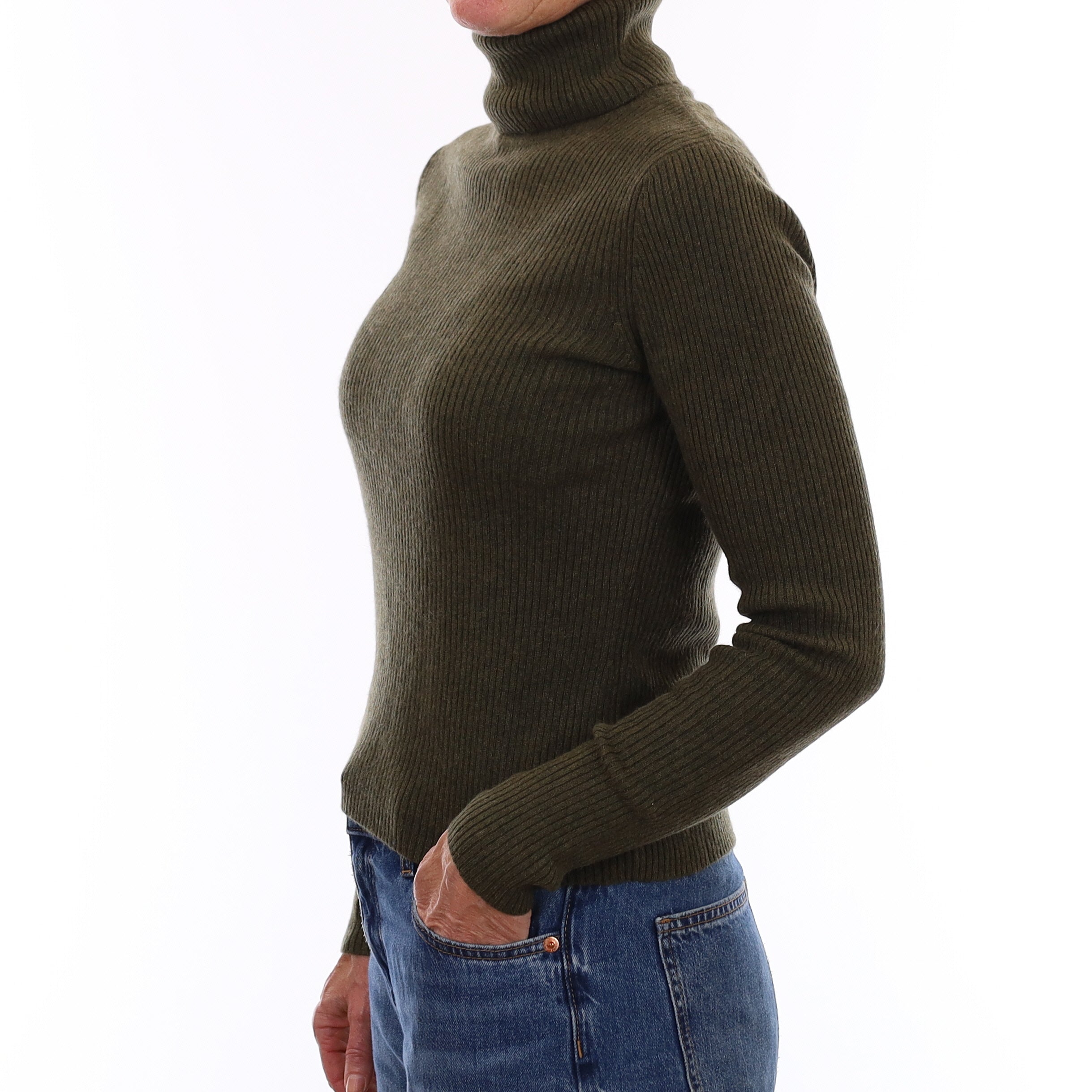 Khaki Skinny Rib Cashmere Polo Neck Jumper Small