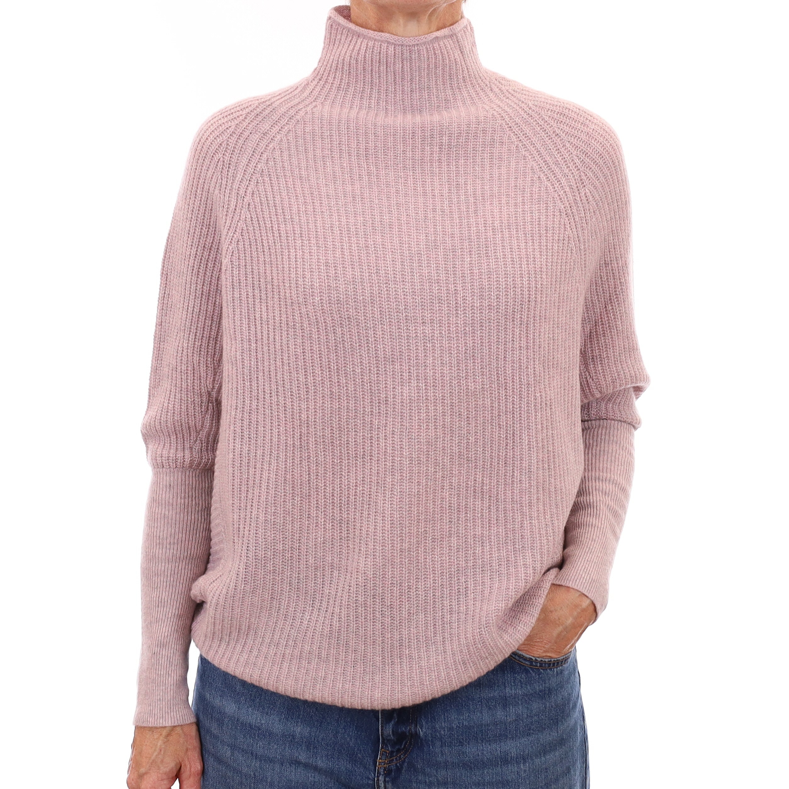 Mauve Pink Rib Cashmere Batwing Turtleneck Jumper Small