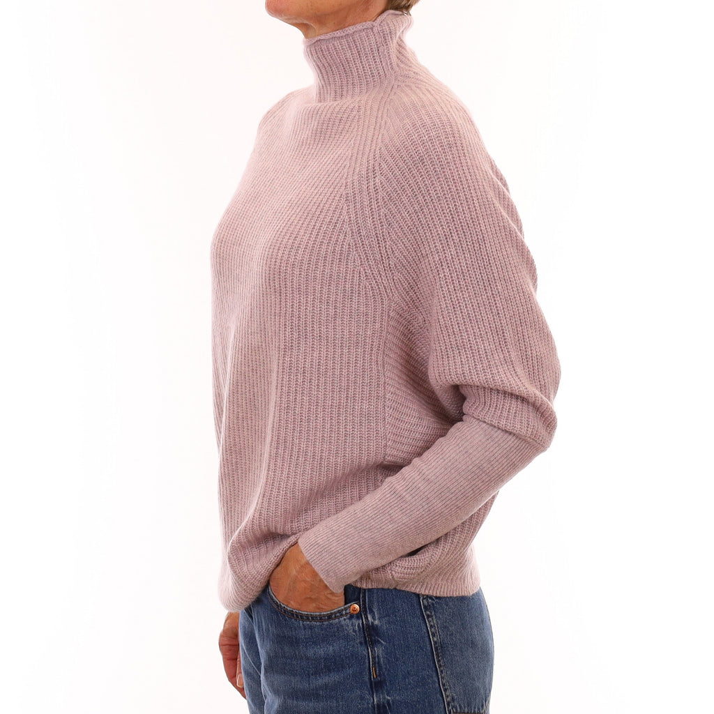 Mauve Pink Rib Cashmere Batwing Turtleneck Jumper Small