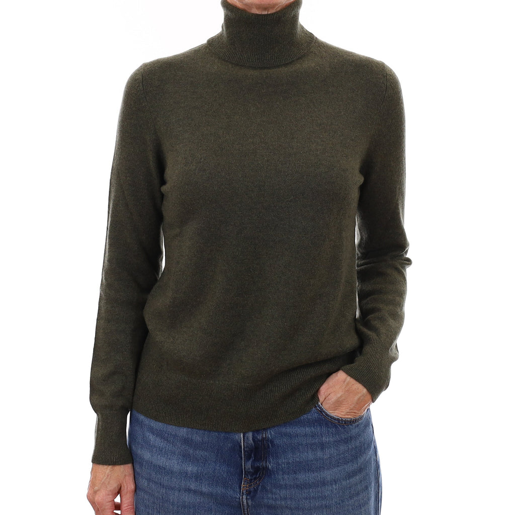Deep Khaki Green Cashmere Polo Neck Jumper Small