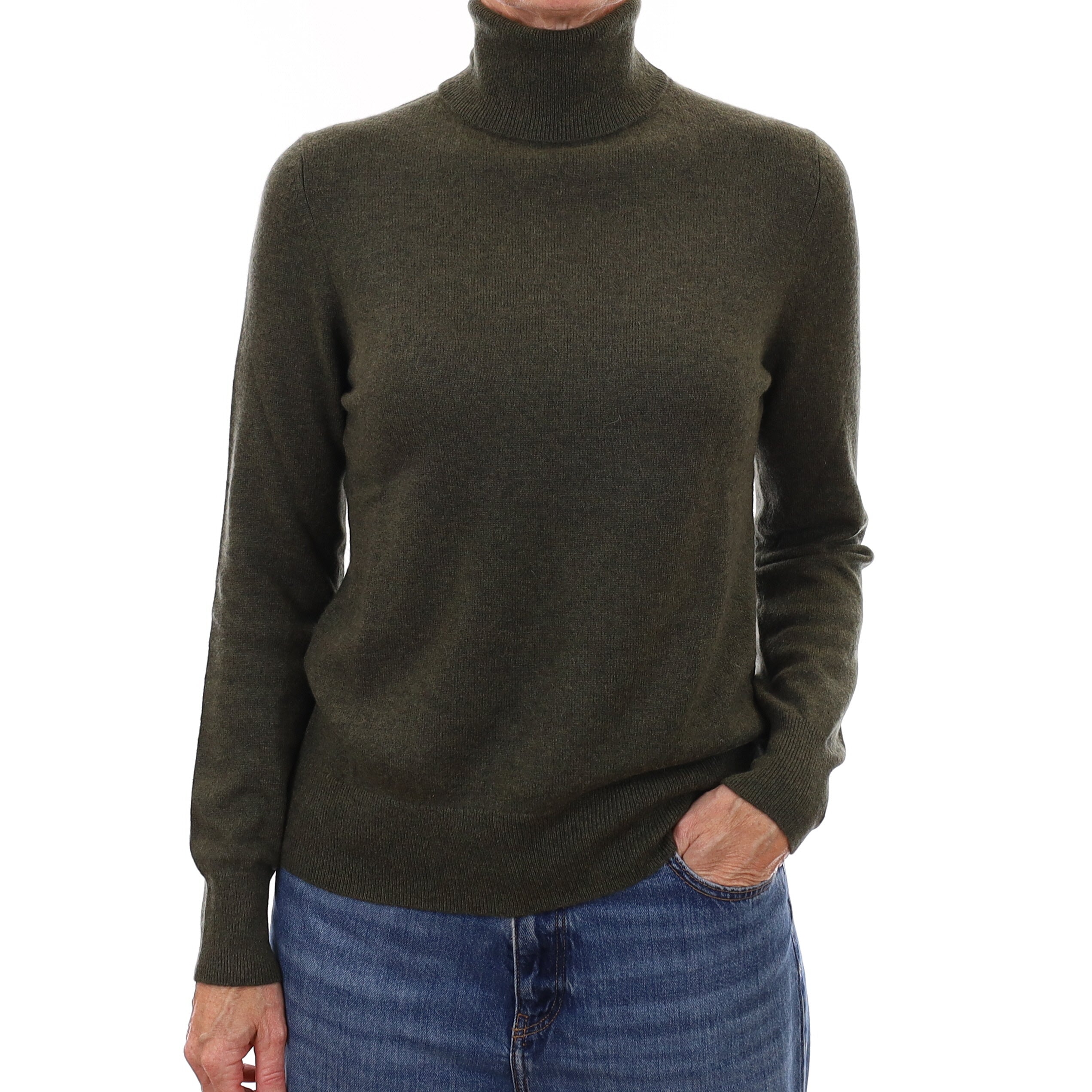 Deep Khaki Green Cashmere Polo Neck Jumper Small