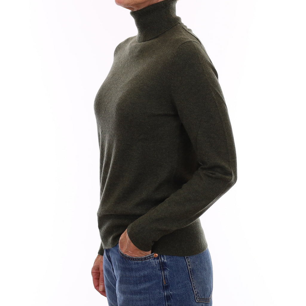 Deep Khaki Green Cashmere Polo Neck Jumper Small
