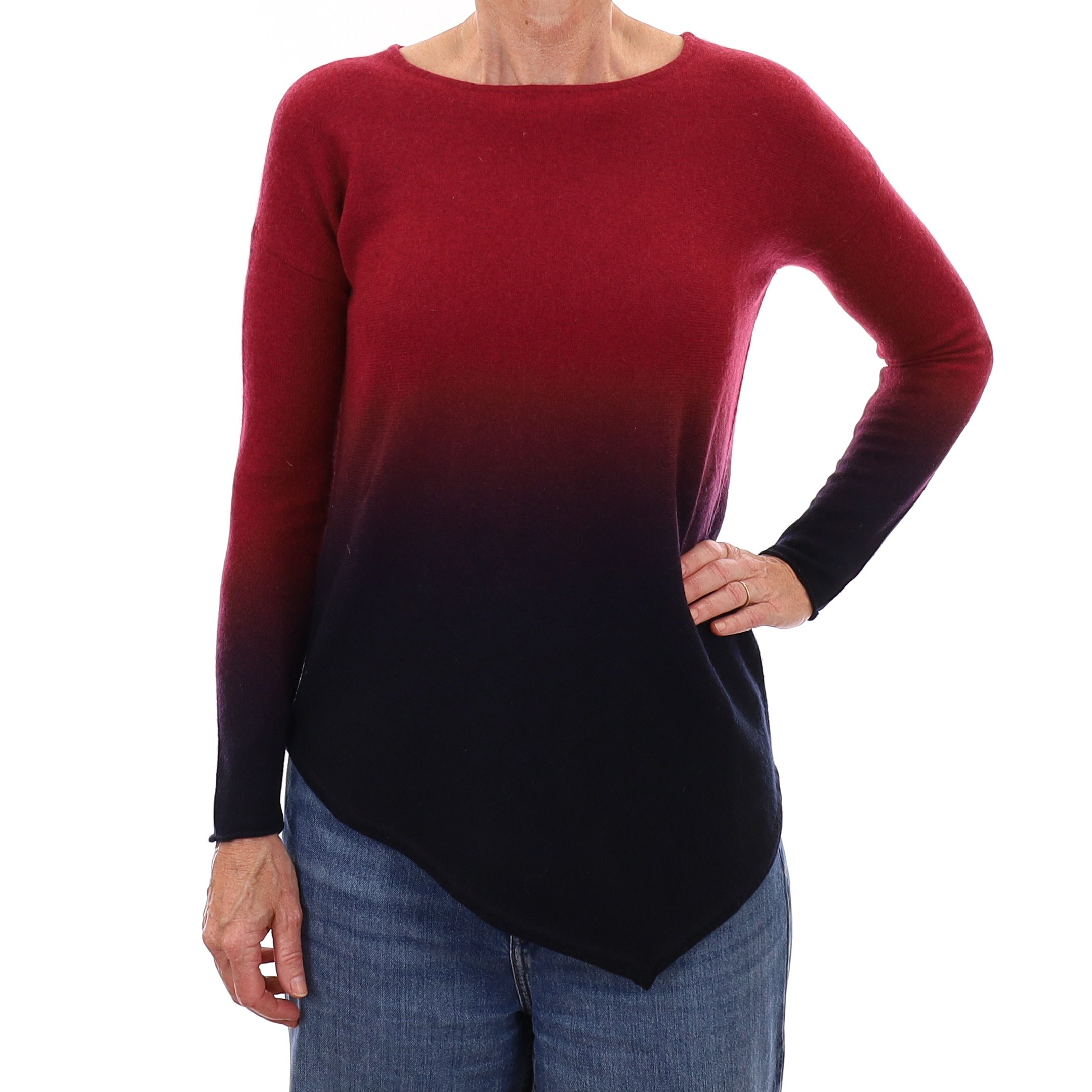 Red to Black Ombré Cashmere Asymmetric Crew Neck Jumper Small