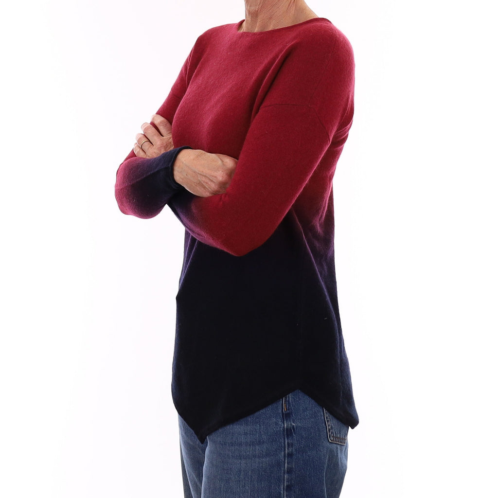 Red to Black Ombré Cashmere Asymmetric Crew Neck Jumper Small