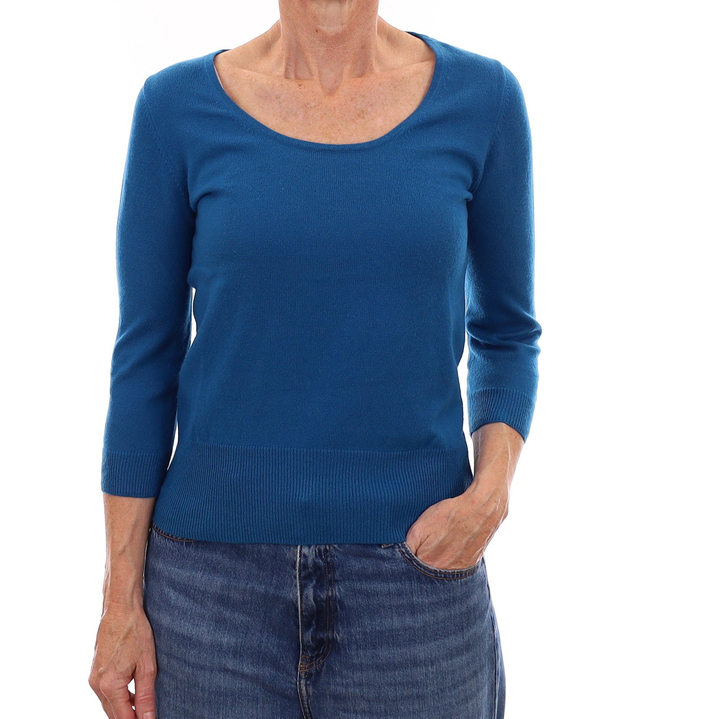 Teal Blue Cashmere 3/4 Sleeve Scoop Neck Jumper Small