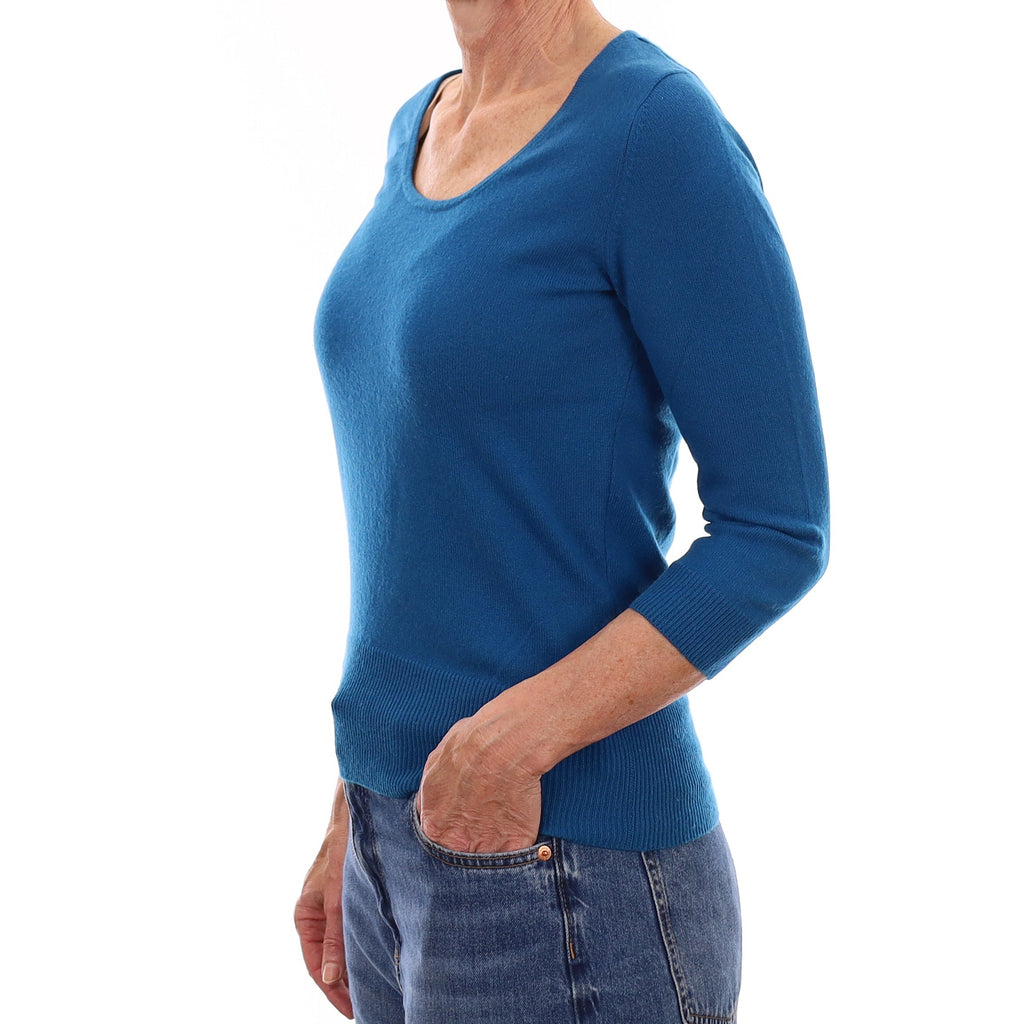Teal Blue Cashmere 3/4 Sleeve Scoop Neck Jumper Small