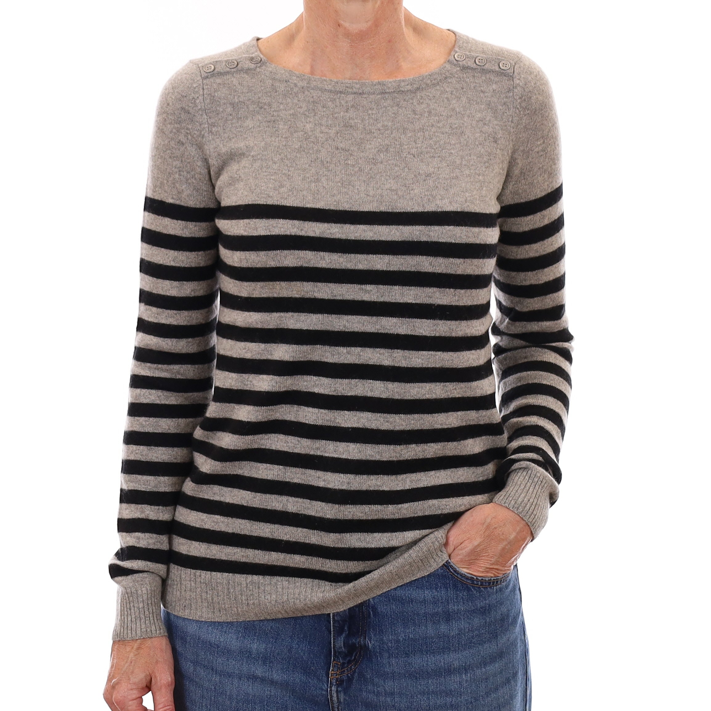 Grey and Black Stripe Cashmere Crew Neck Jumper Small