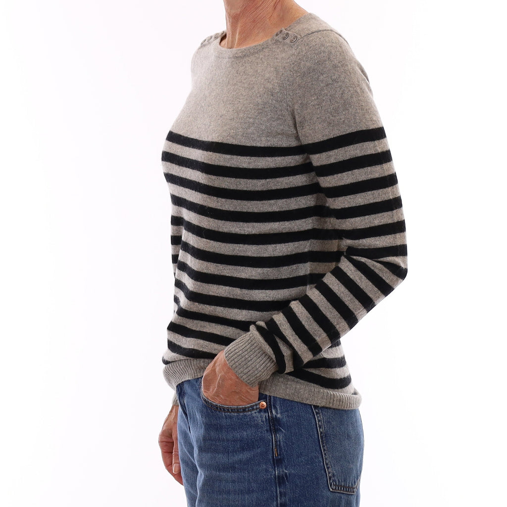 Grey and Black Stripe Cashmere Crew Neck Jumper Small