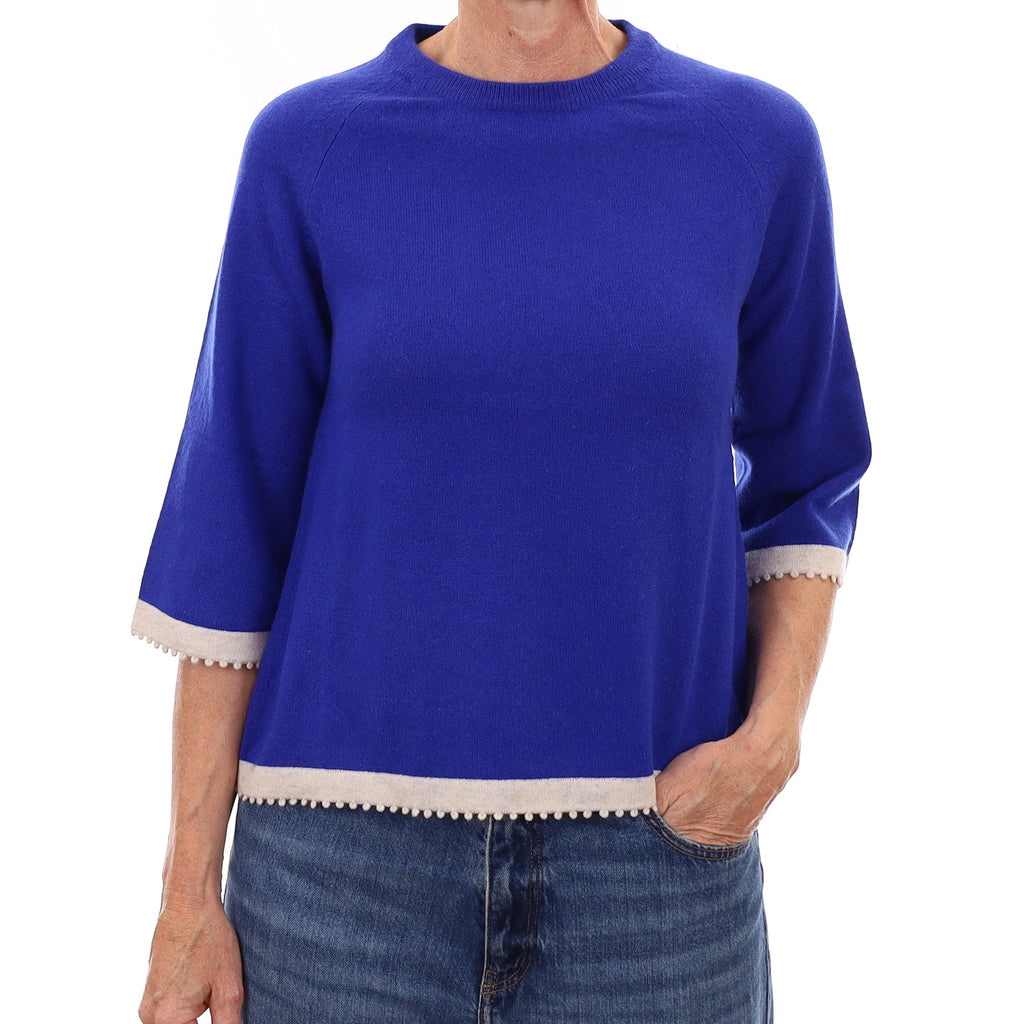 Royal Blue Oatmeal Trim Cashmere Crew Neck Jumper Small