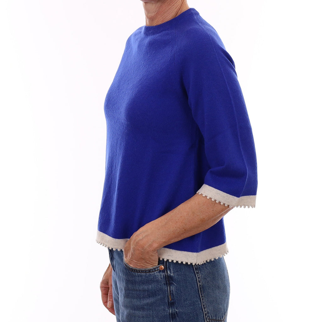 Royal Blue Oatmeal Trim Cashmere Crew Neck Jumper Small