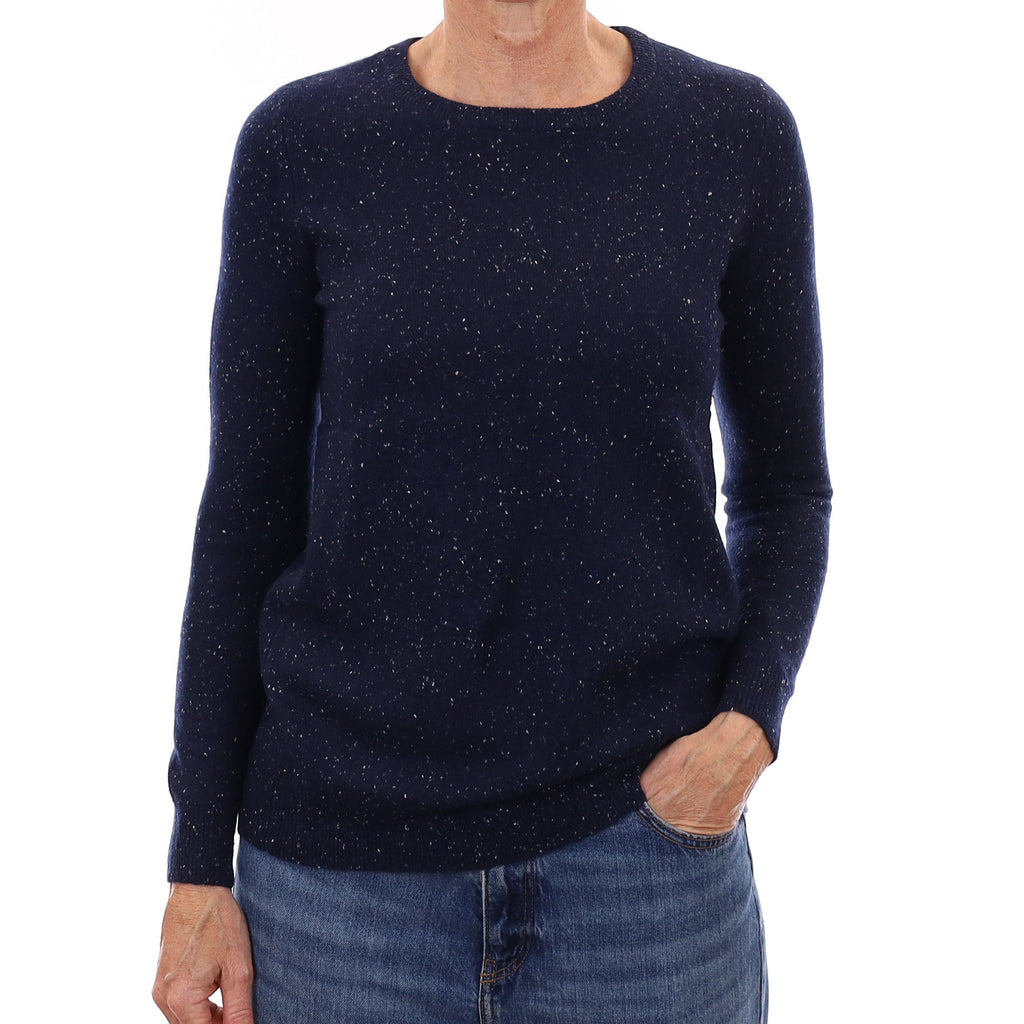 Navy and White Flecked Cashmere Crew Neck Jumper Small