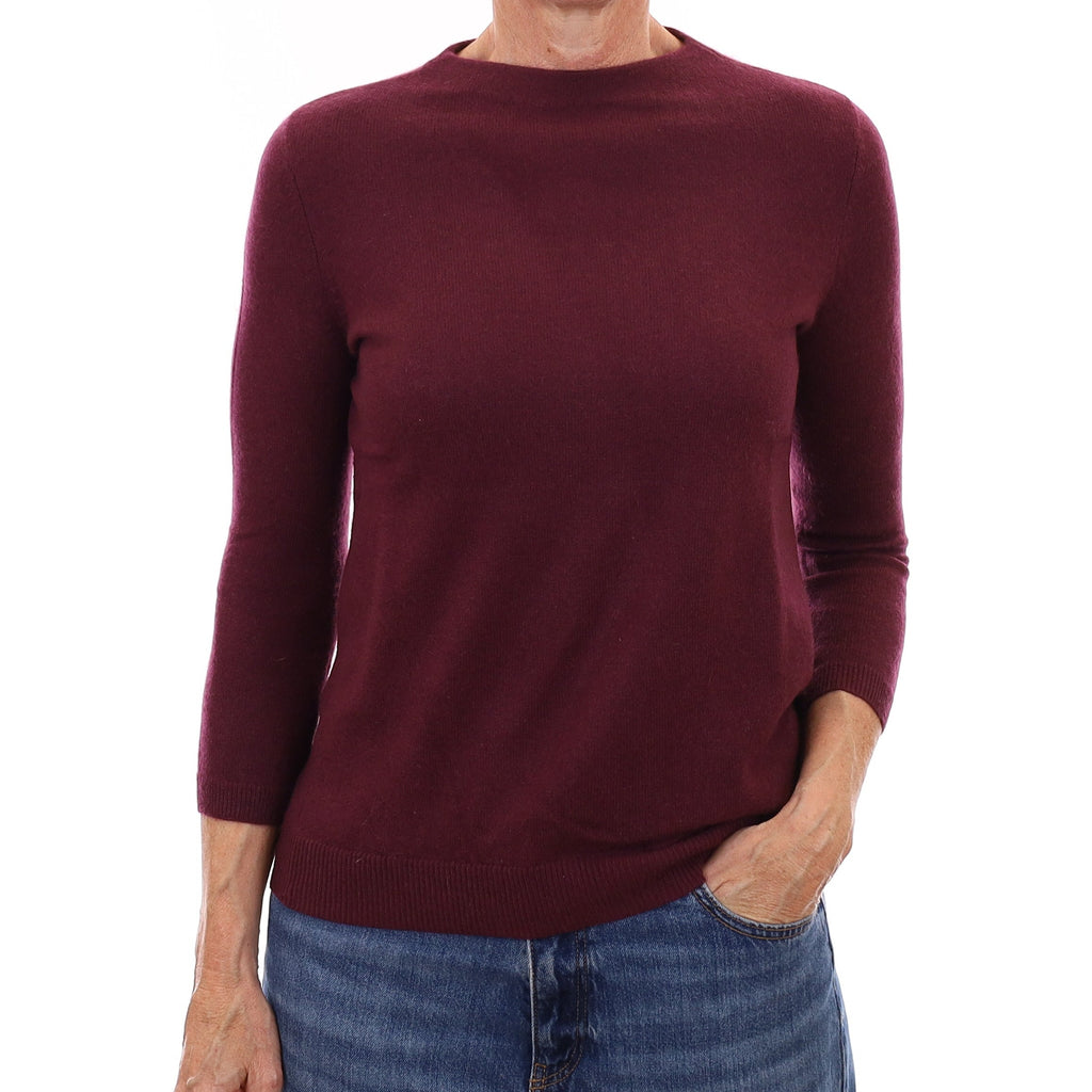 Aubergine Purple Cashmere 3/4 Sleeve Crew Neck Jumper Small