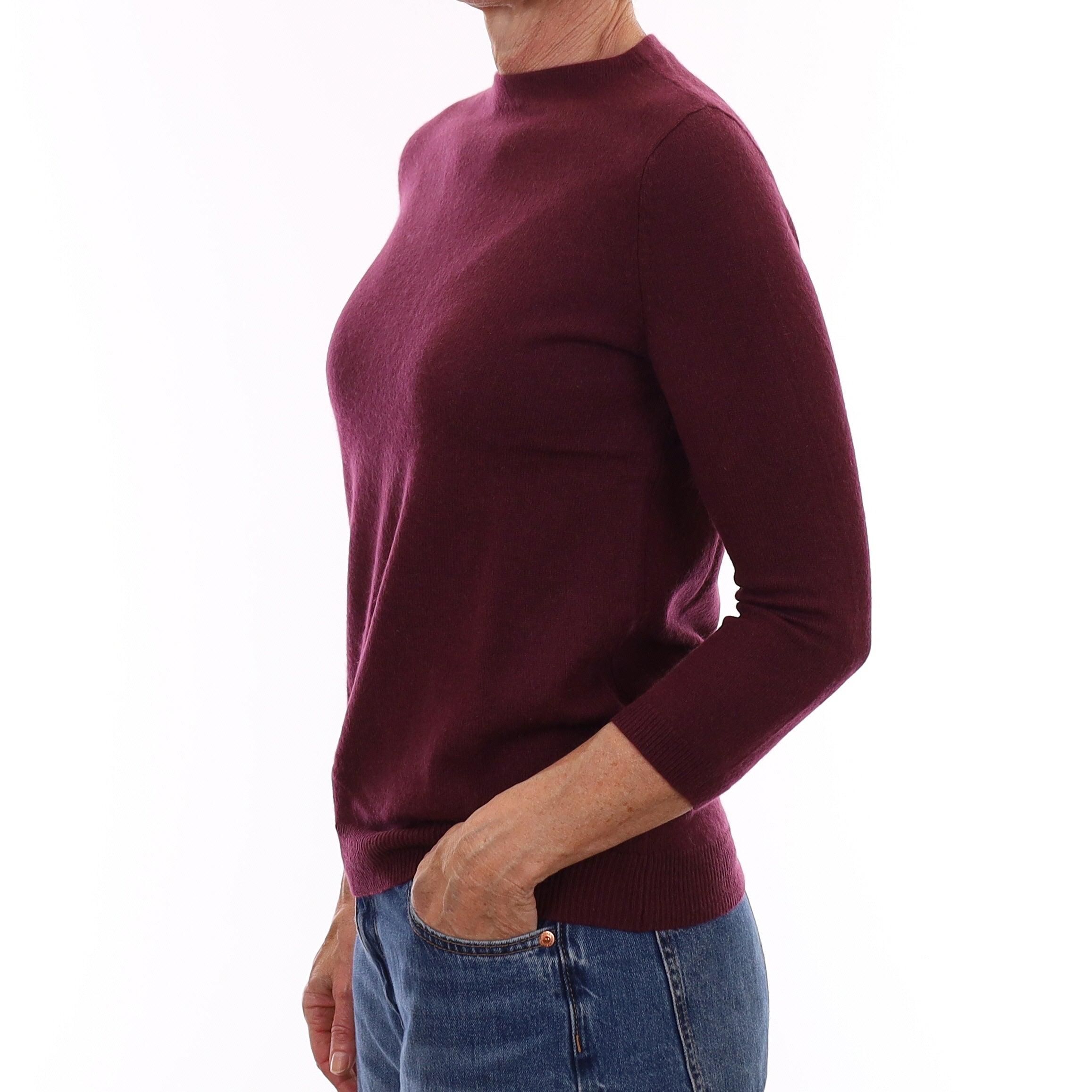 Aubergine Purple Cashmere 3/4 Sleeve Crew Neck Jumper Small