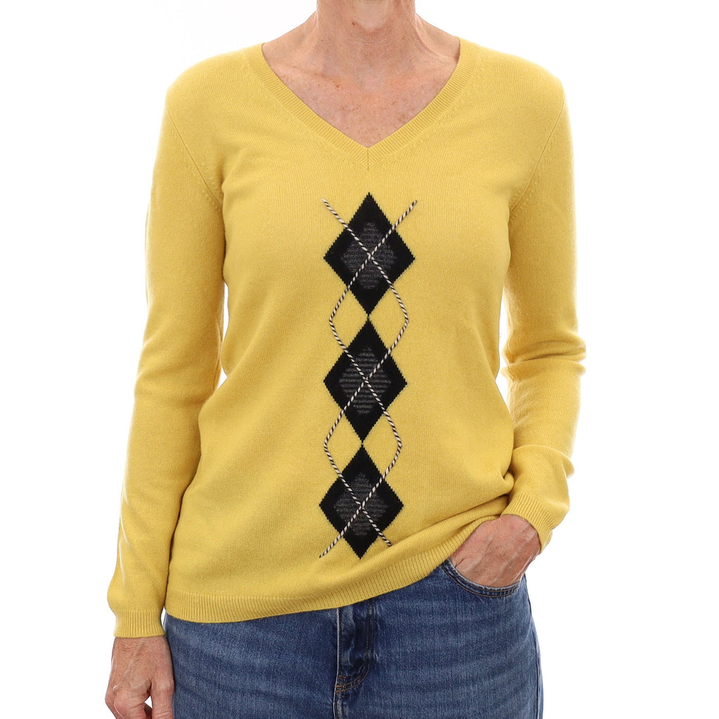 Yellow and Black Diamond Cashmere V Neck Jumper Small