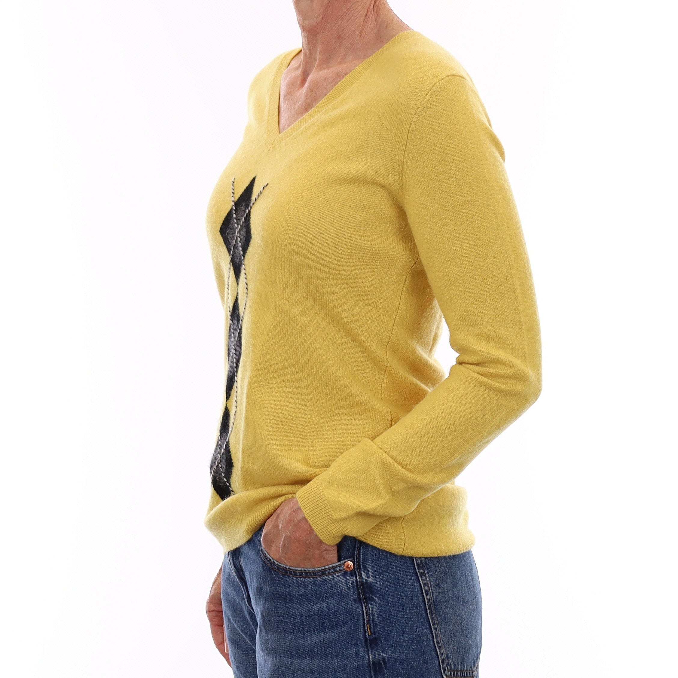 Yellow and Black Diamond Cashmere V Neck Jumper Small