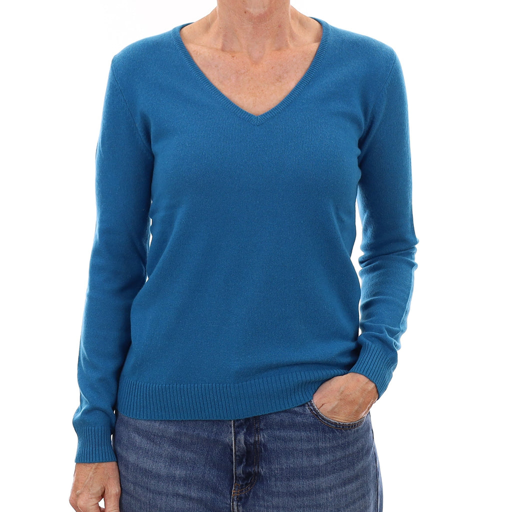 Peacock Blue Cashmere V Neck Jumper Small