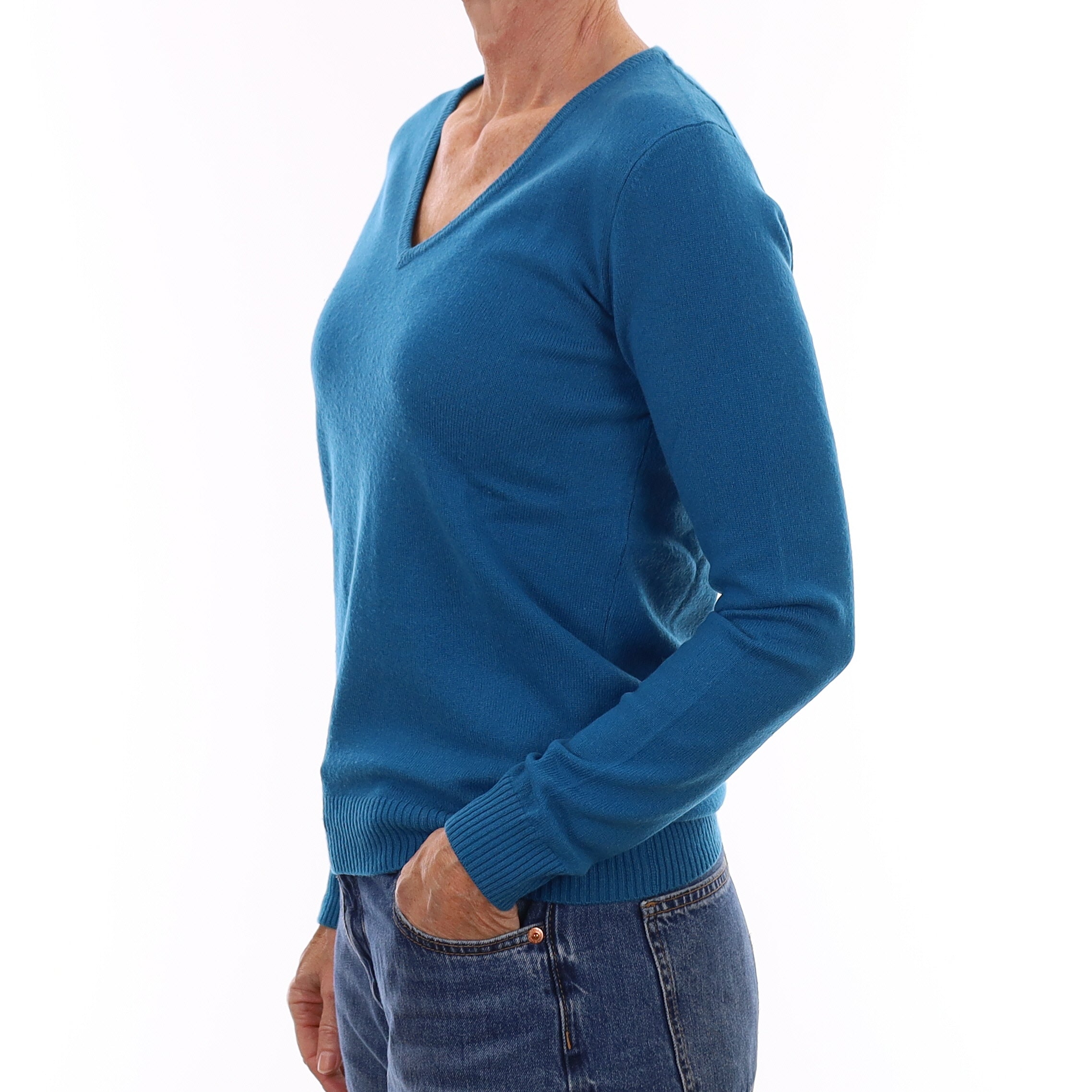 Peacock Blue Cashmere V Neck Jumper Small