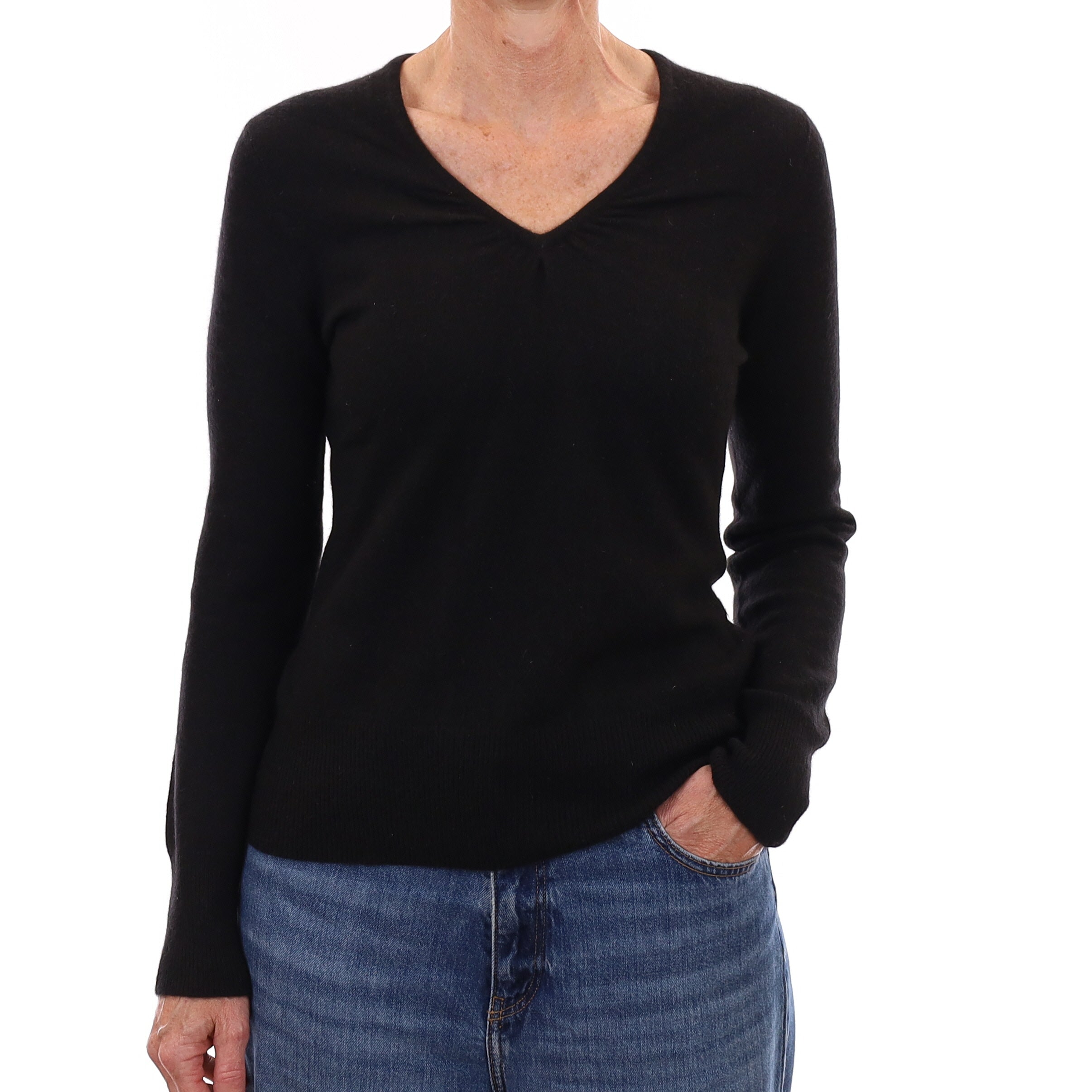 Black Cashmere Ruched V Neck Jumper Small