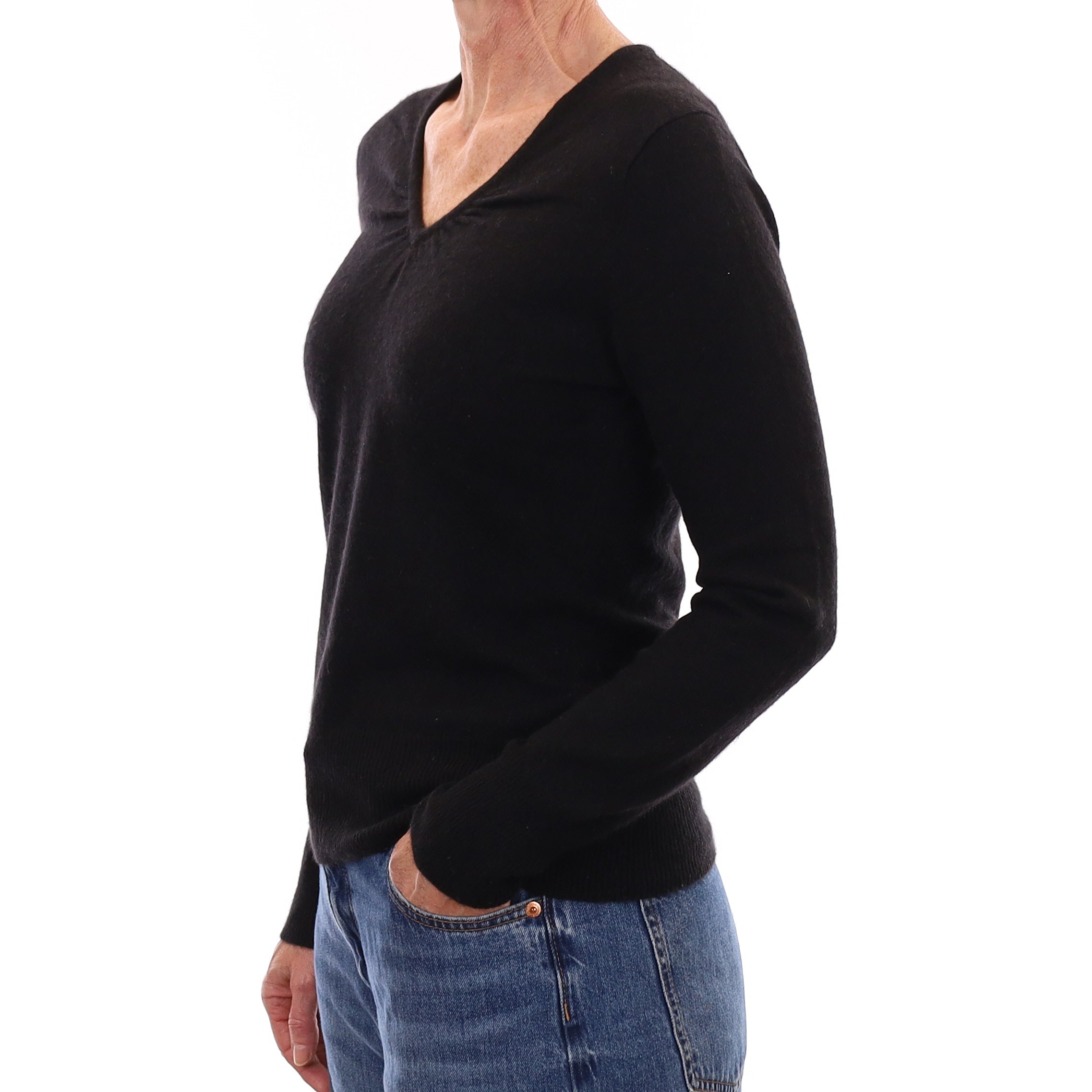 Black Cashmere Ruched V Neck Jumper Small