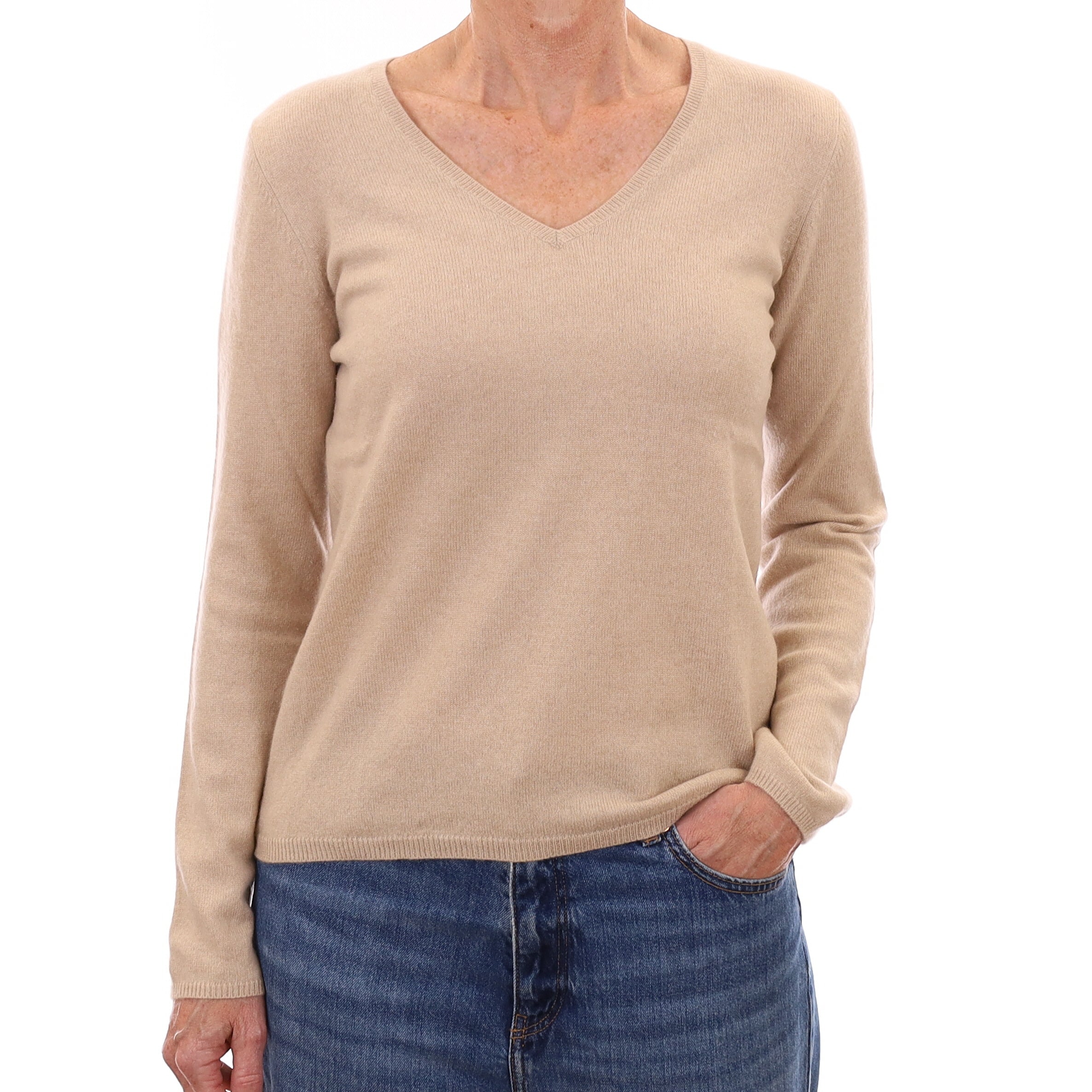 Beige Cashmere V Neck Jumper Small