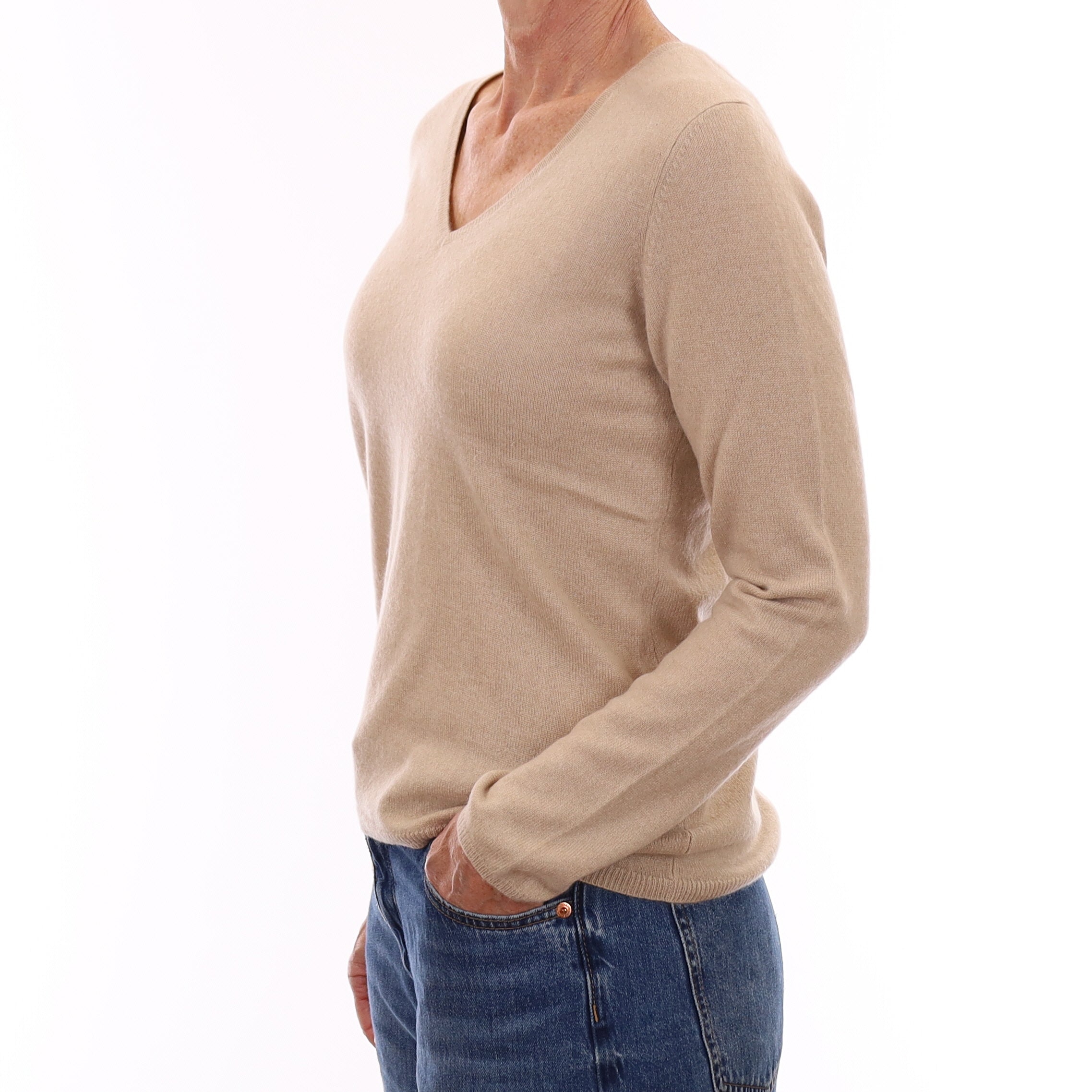 Beige Cashmere V Neck Jumper Small