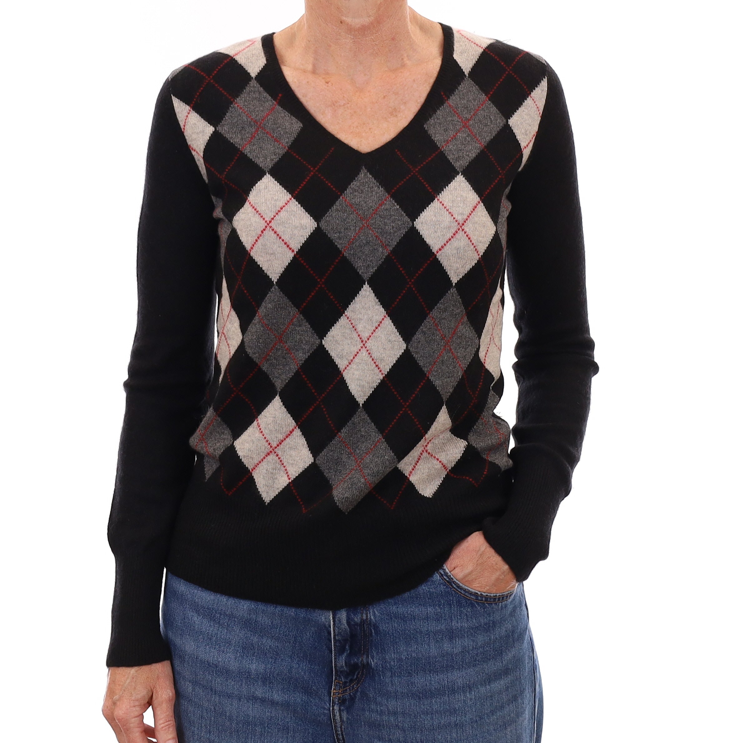Black and Grey Argyle Cashmere V Neck Jumper Small