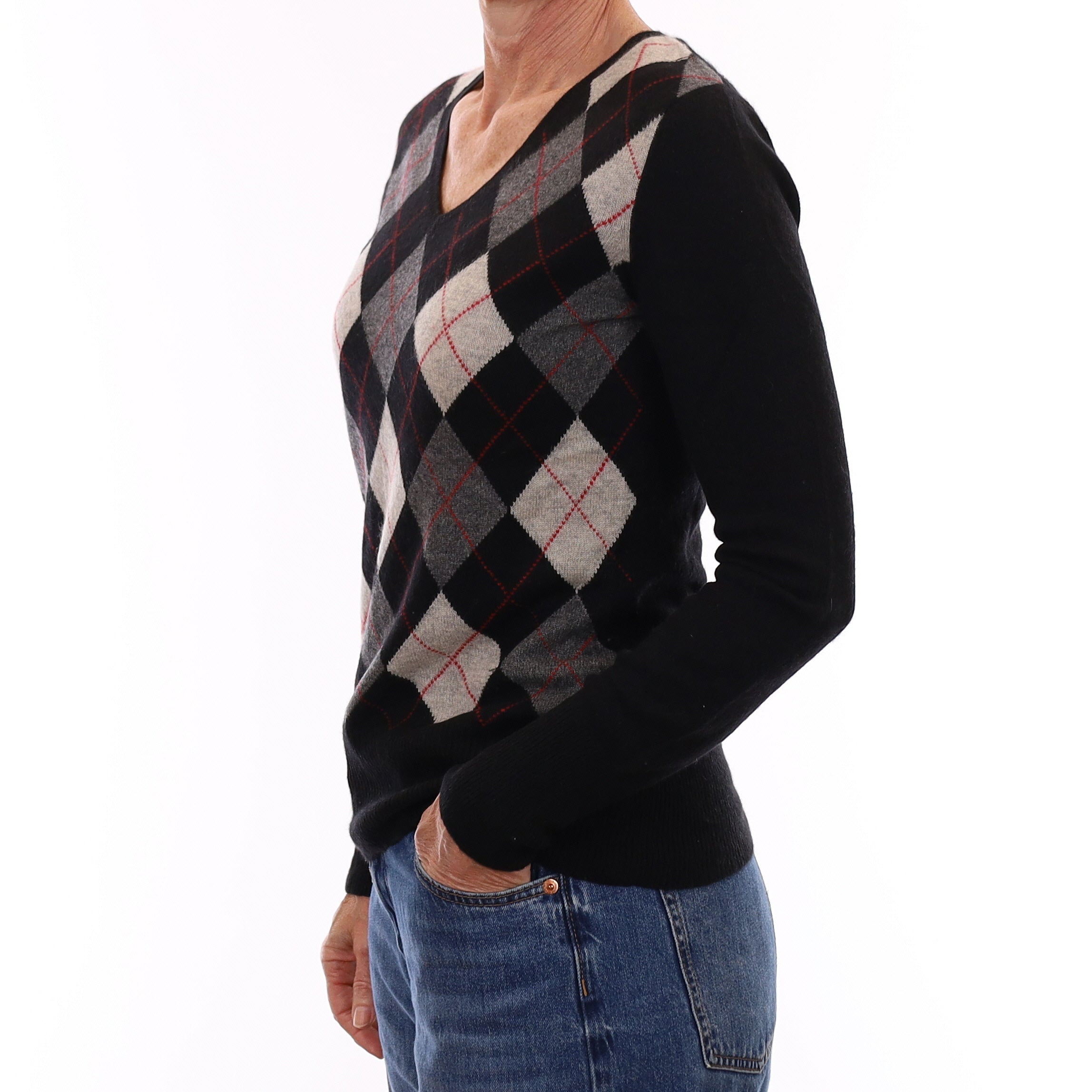 Black and Grey Argyle Cashmere V Neck Jumper Small