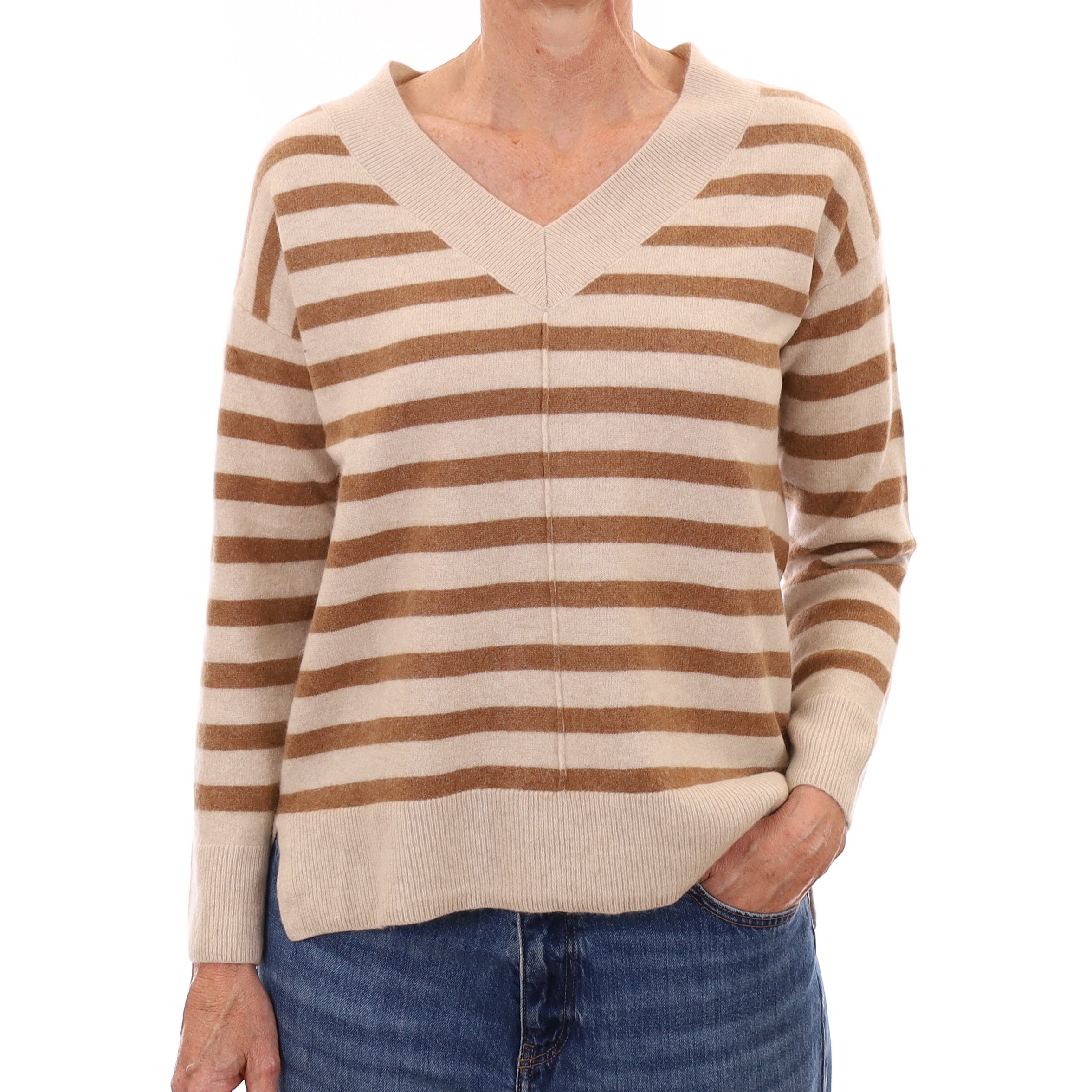 Oatmeal and Butterscotch Stripe Cashmere V Neck Jumper Small