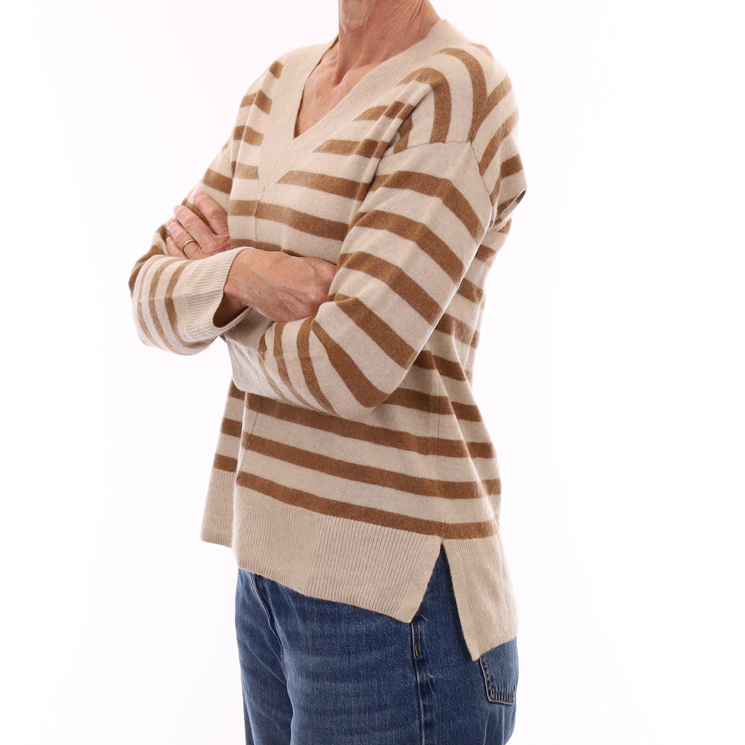 Oatmeal and Butterscotch Stripe Cashmere V Neck Jumper Small