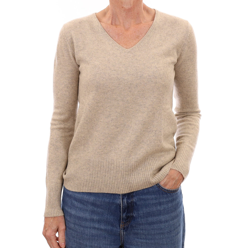 Oatmeal Grey Marl Cashmere V Neck Jumper Small