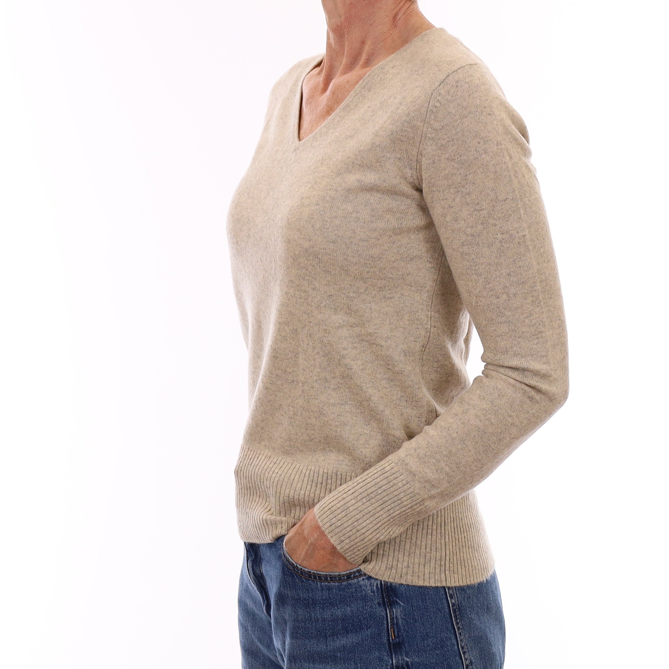 Oatmeal Grey Marl Cashmere V Neck Jumper Small