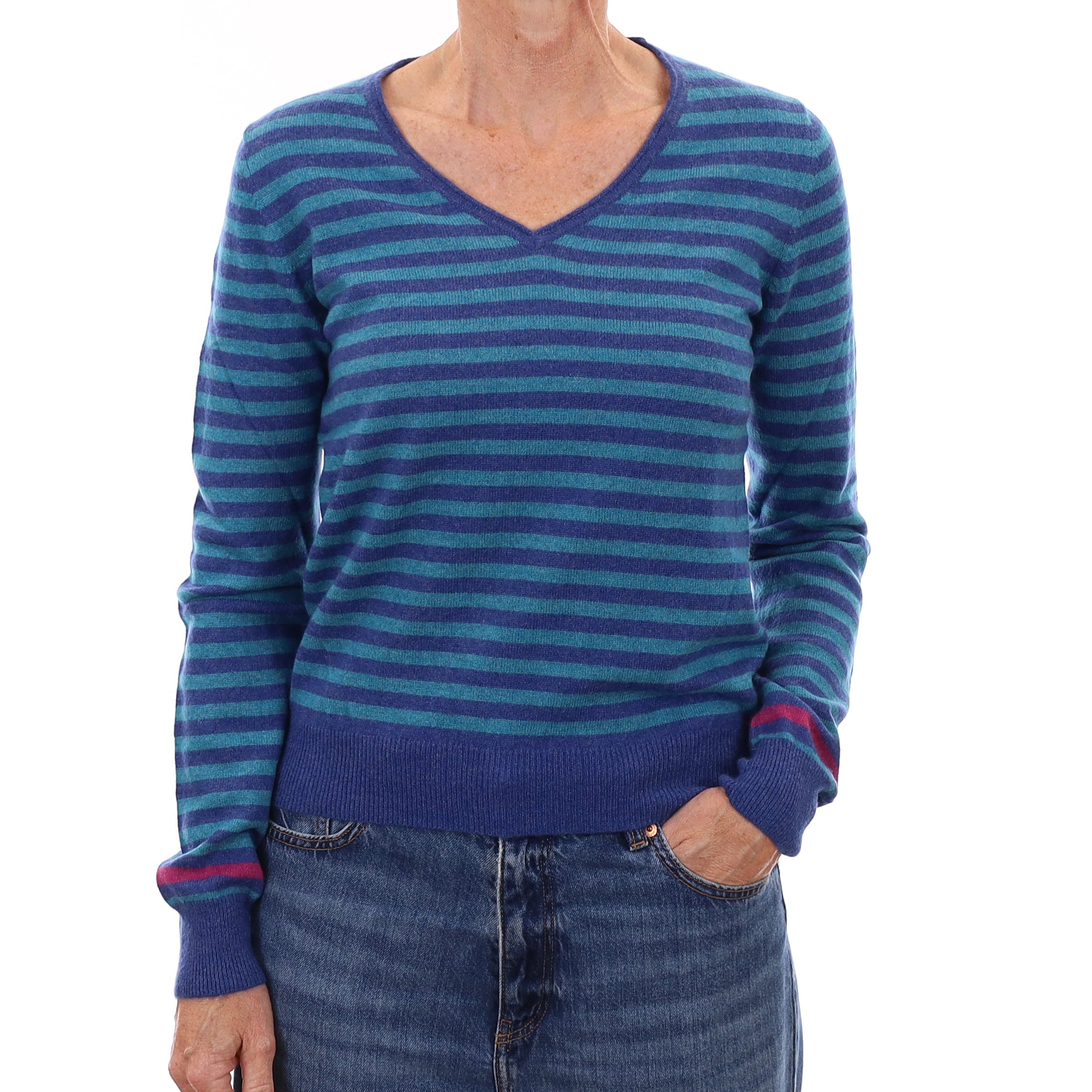Turquoise and Blue Stripe Cashmere V Neck Jumper Small
