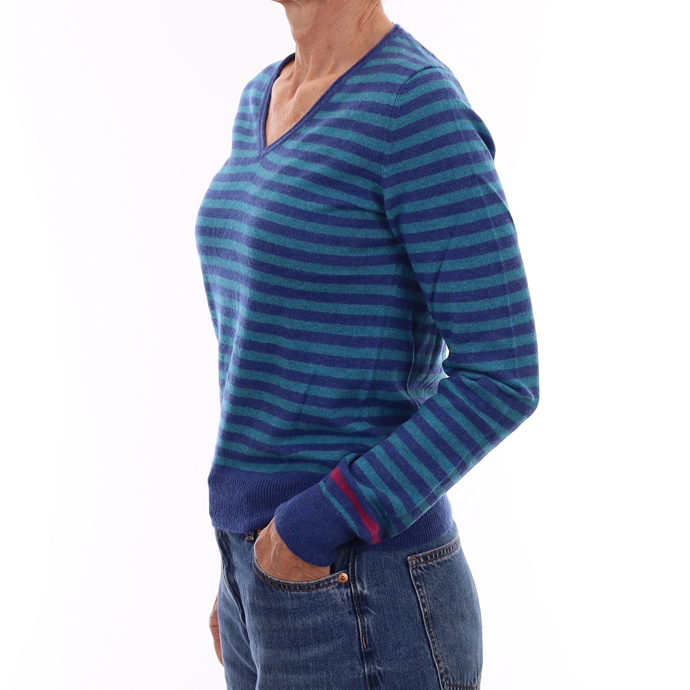Turquoise and Blue Stripe Cashmere V Neck Jumper Small