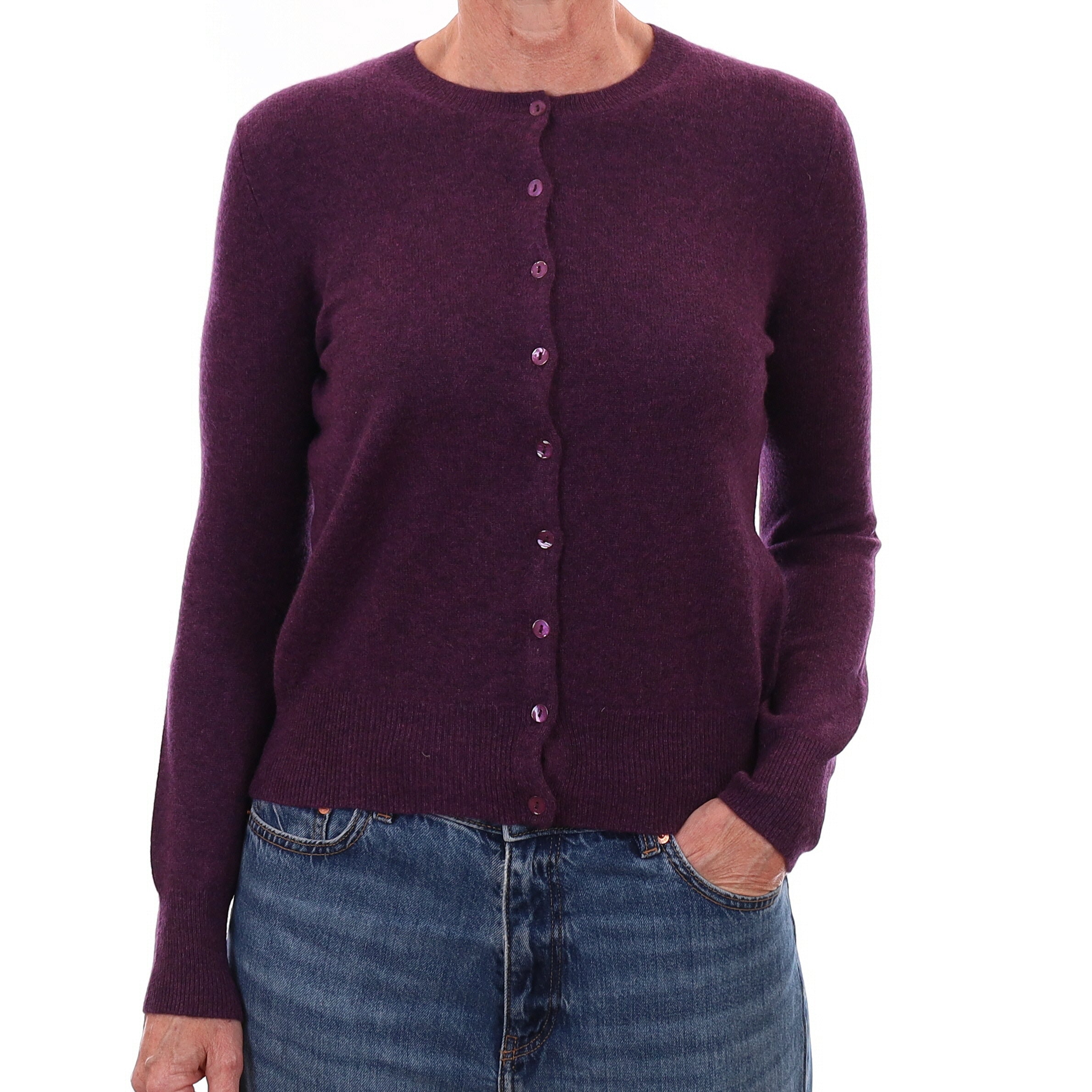 Bramble Purple Cashmere Crew Neck Cardigan Small