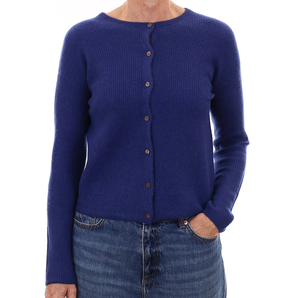 Admiral Blue Rib Cashmere Crew Neck Cardigan Small