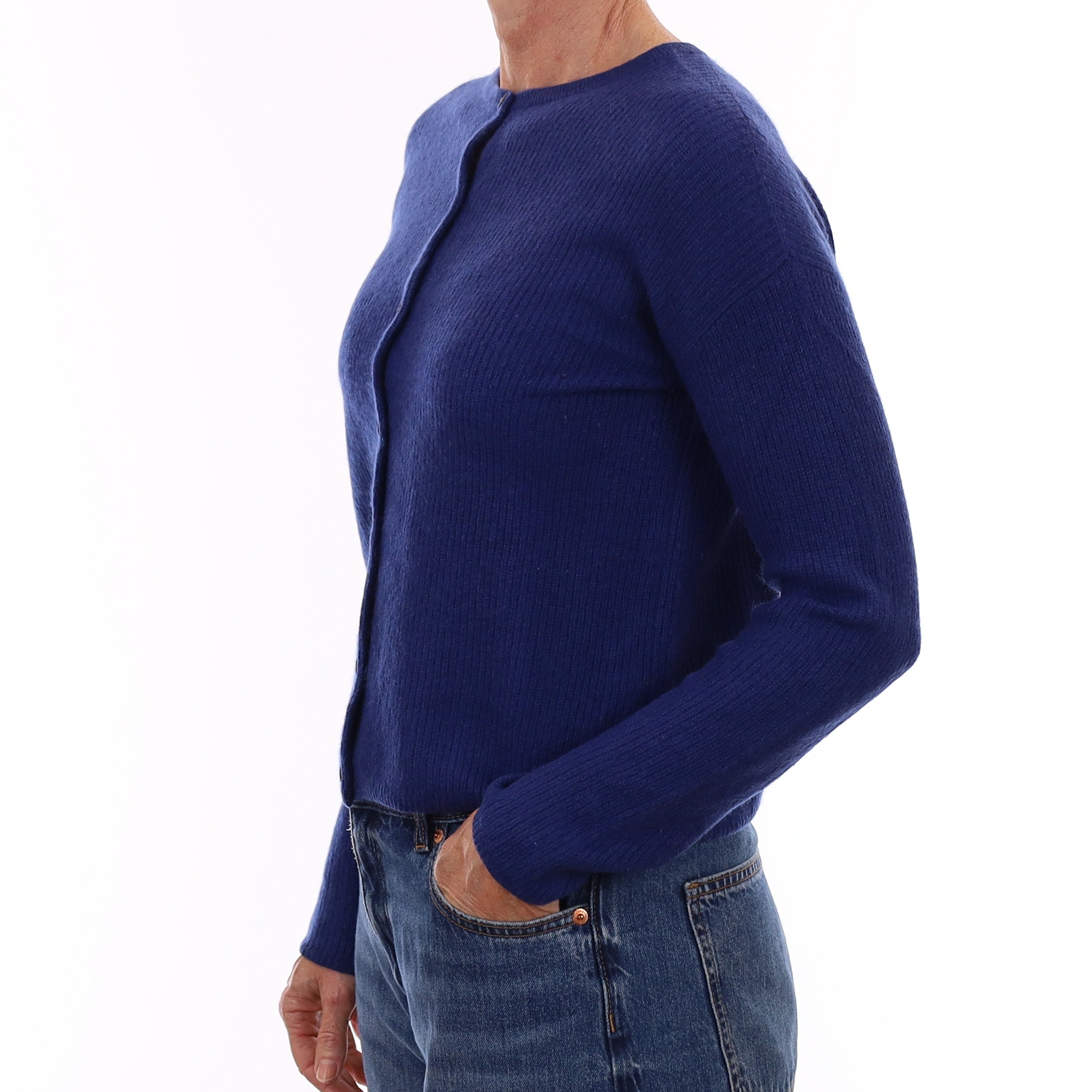 Admiral Blue Rib Cashmere Crew Neck Cardigan Small