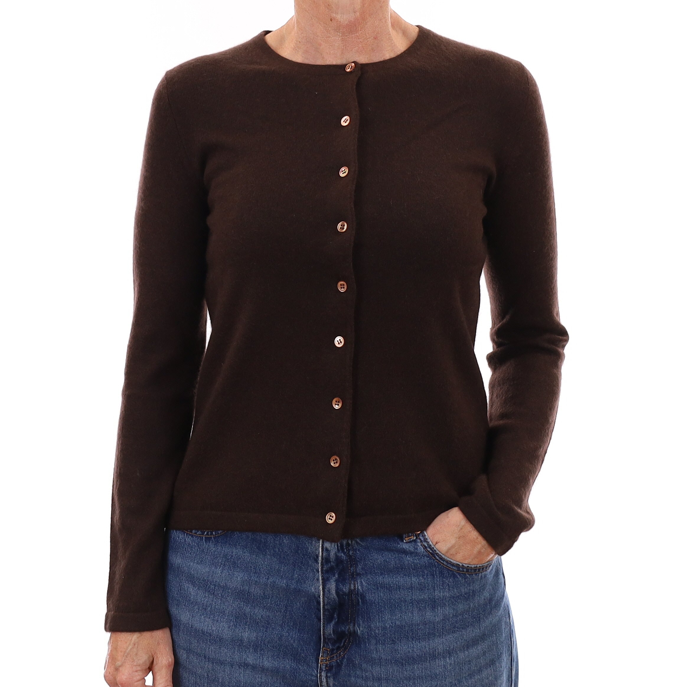 Chocolate Brown Cashmere Crew Neck Cardigan Small
