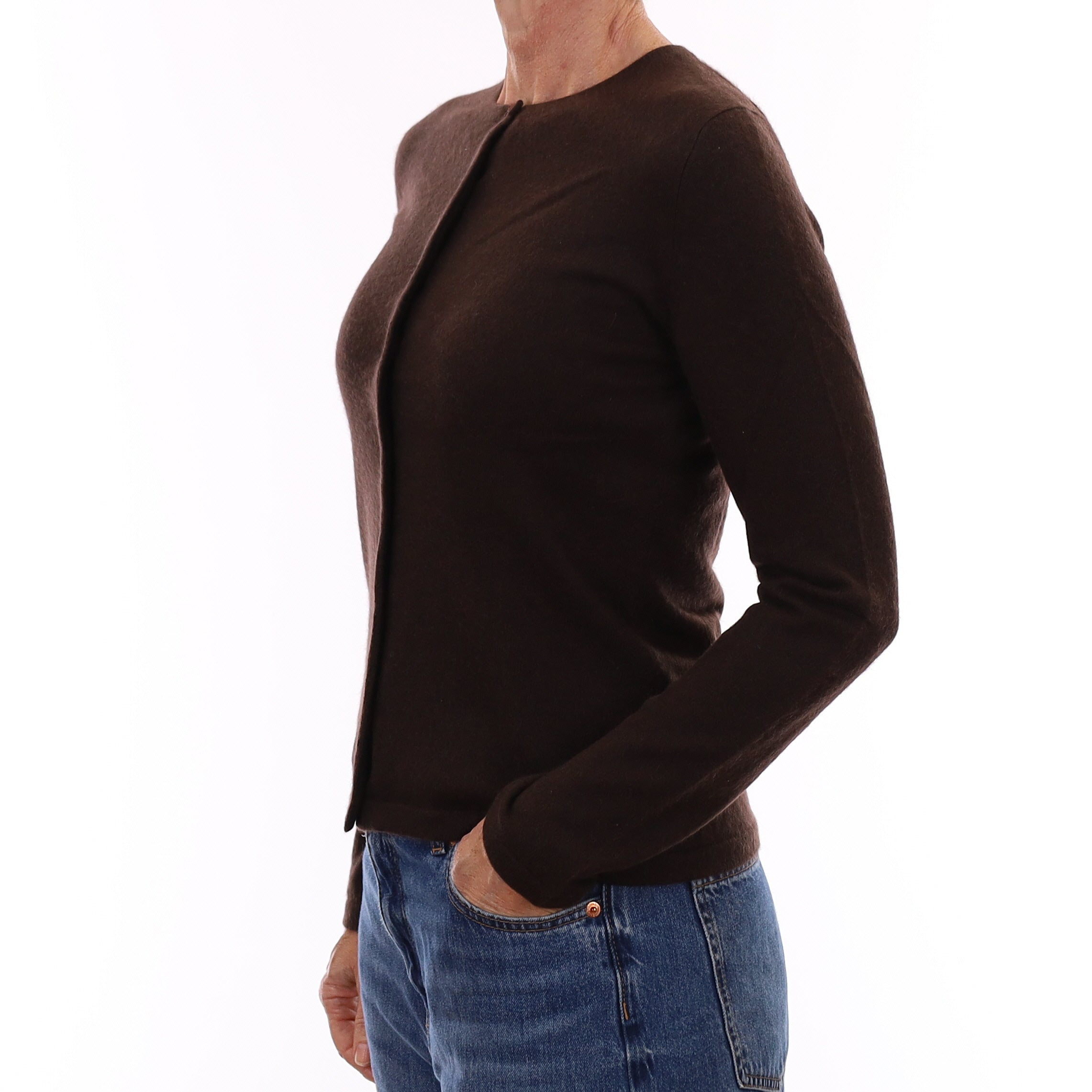 Chocolate Brown Cashmere Crew Neck Cardigan Small