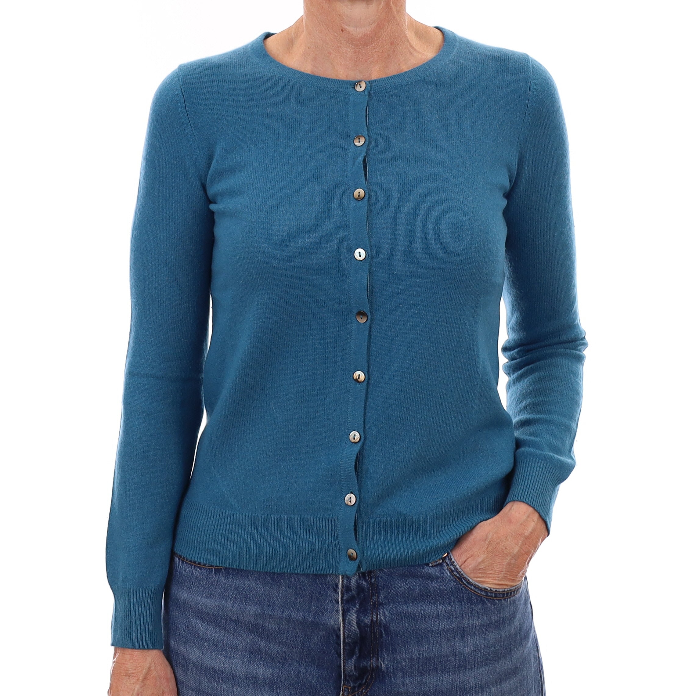 Teal Blue Cashmere Crew Neck Cardigan Small