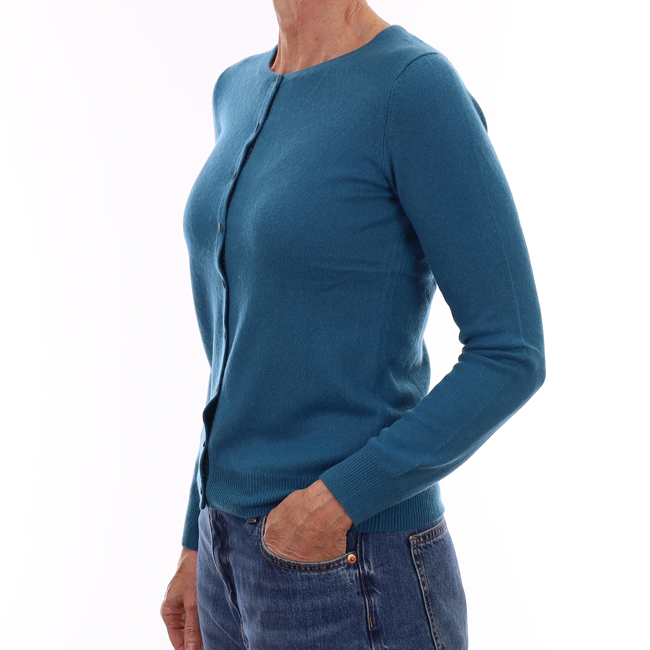 Teal Blue Cashmere Crew Neck Cardigan Small