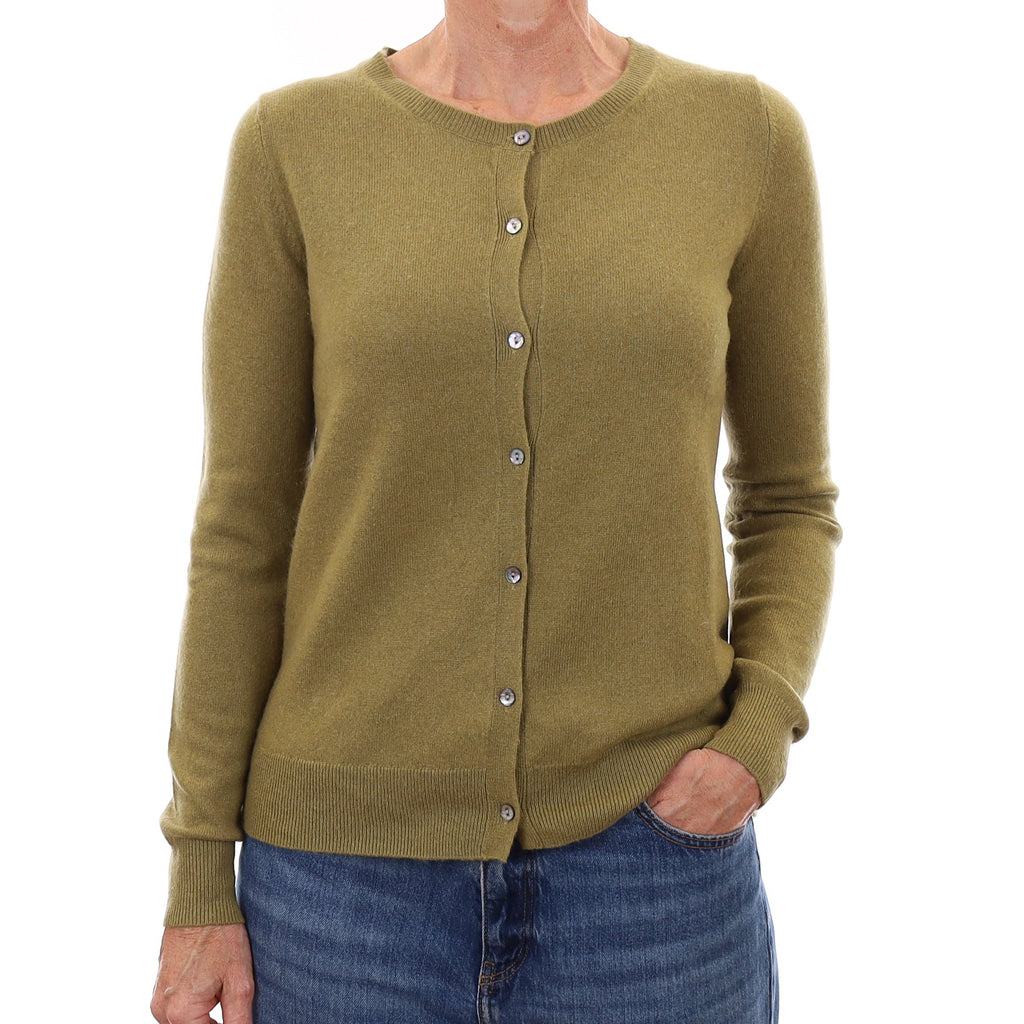Olive Green Cashmere Crew Neck Cardigan Small