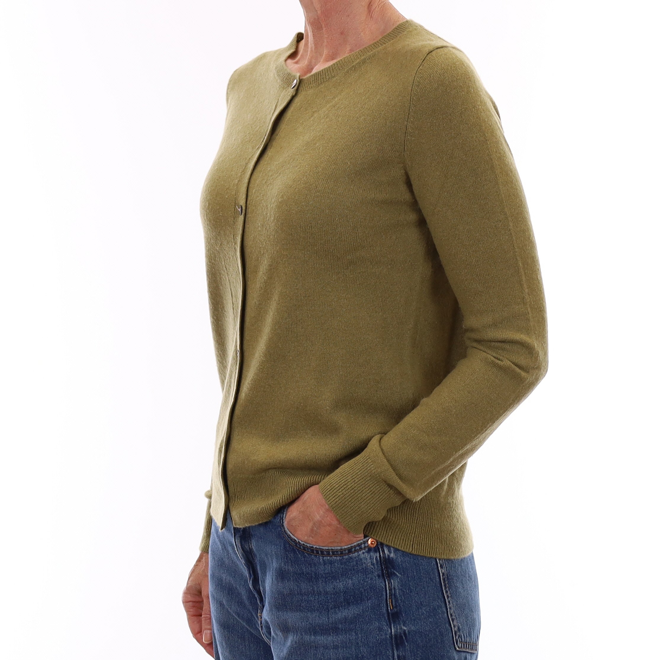 Olive Green Cashmere Crew Neck Cardigan Small