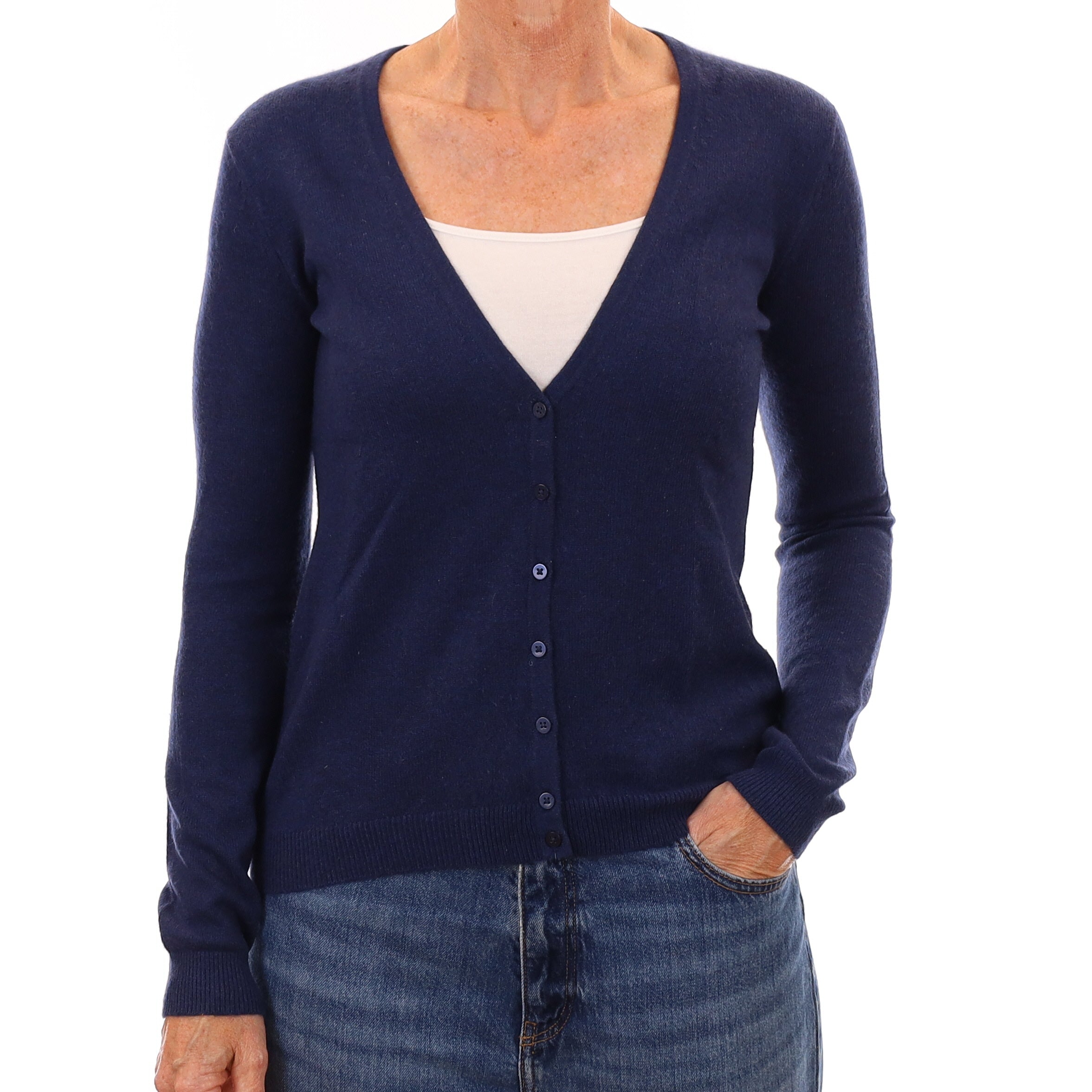 French Navy Cashmere V Neck Cardigan Small
