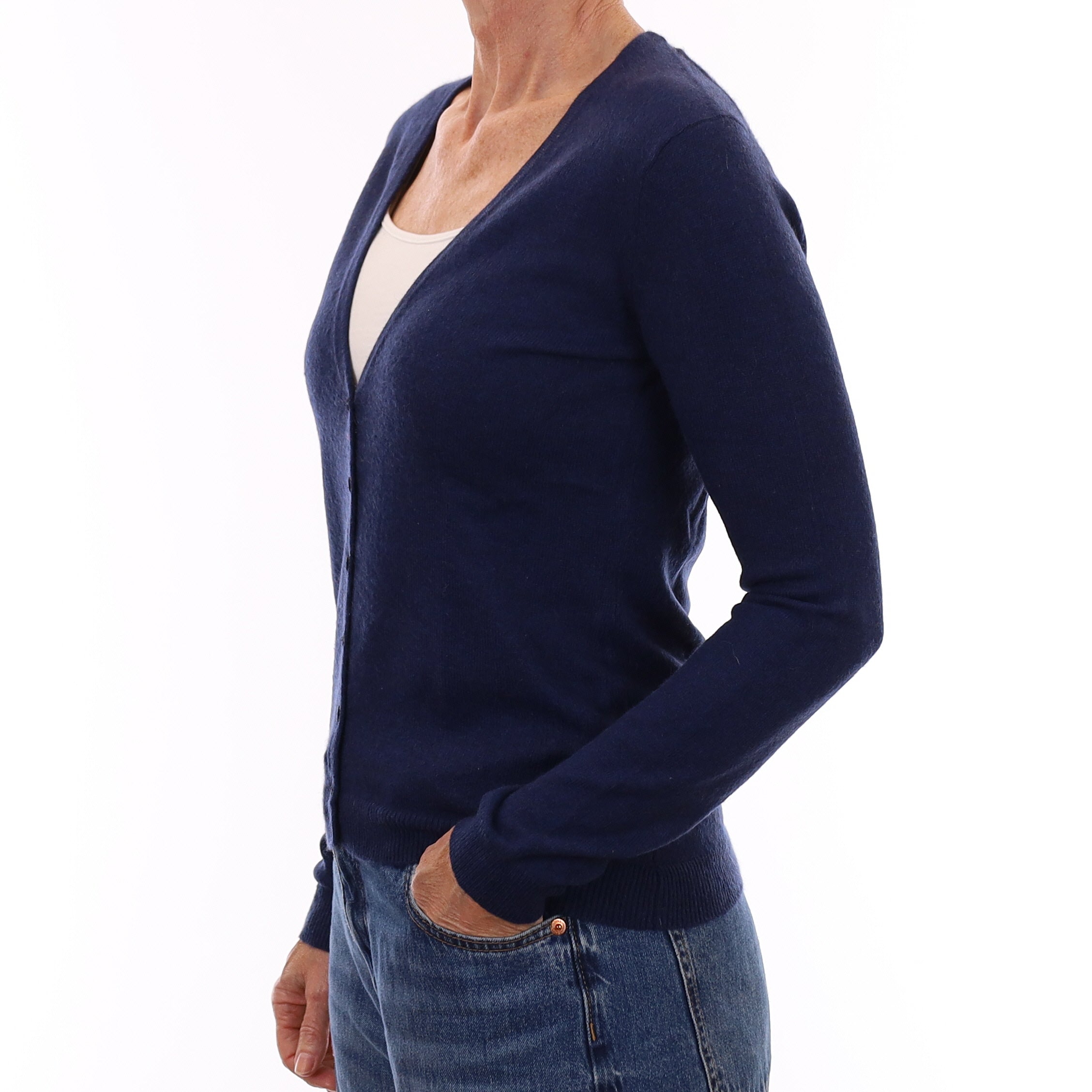 French Navy Cashmere V Neck Cardigan Small