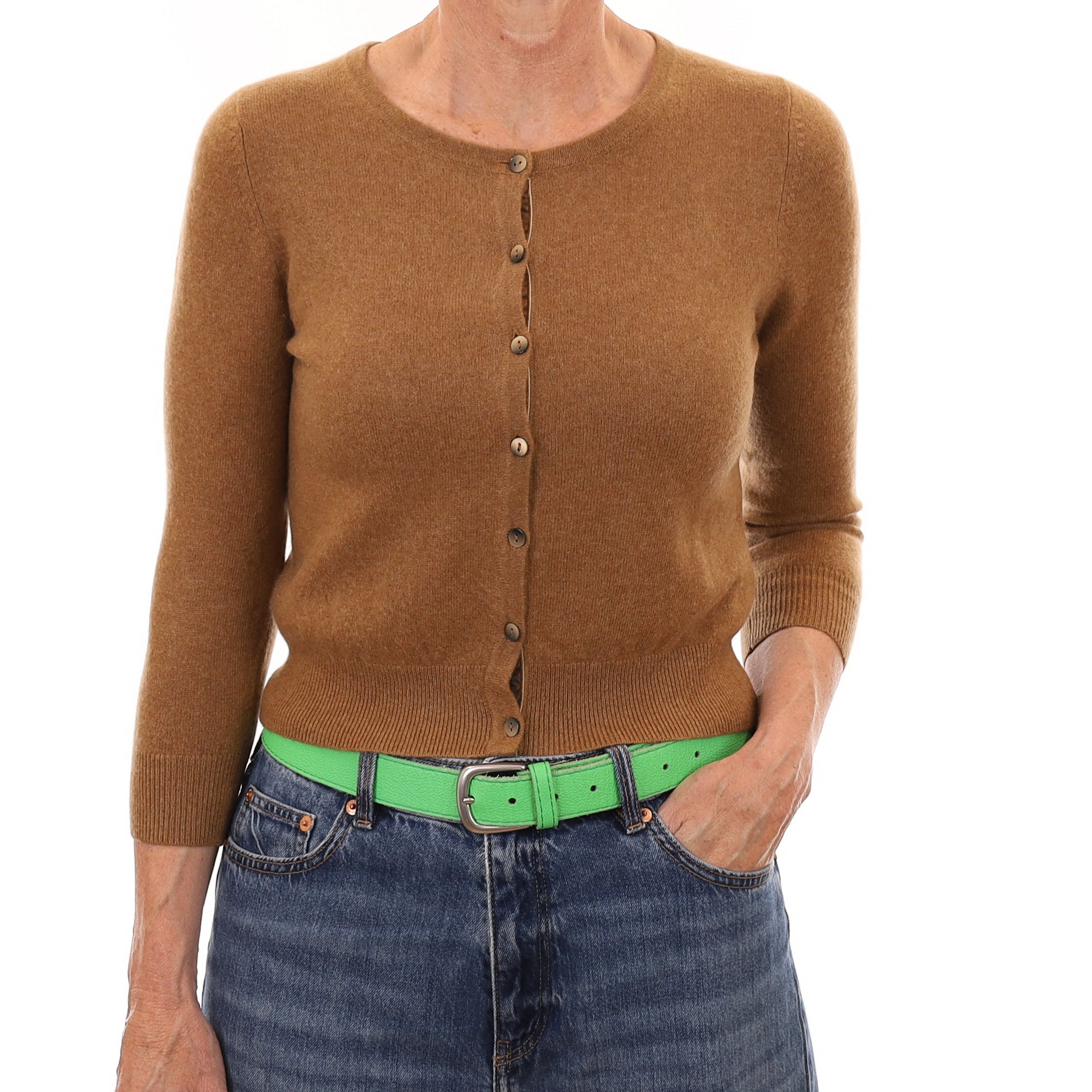 Butterscotch Brown Cashmere Cropped Crew Neck Cardigan Small