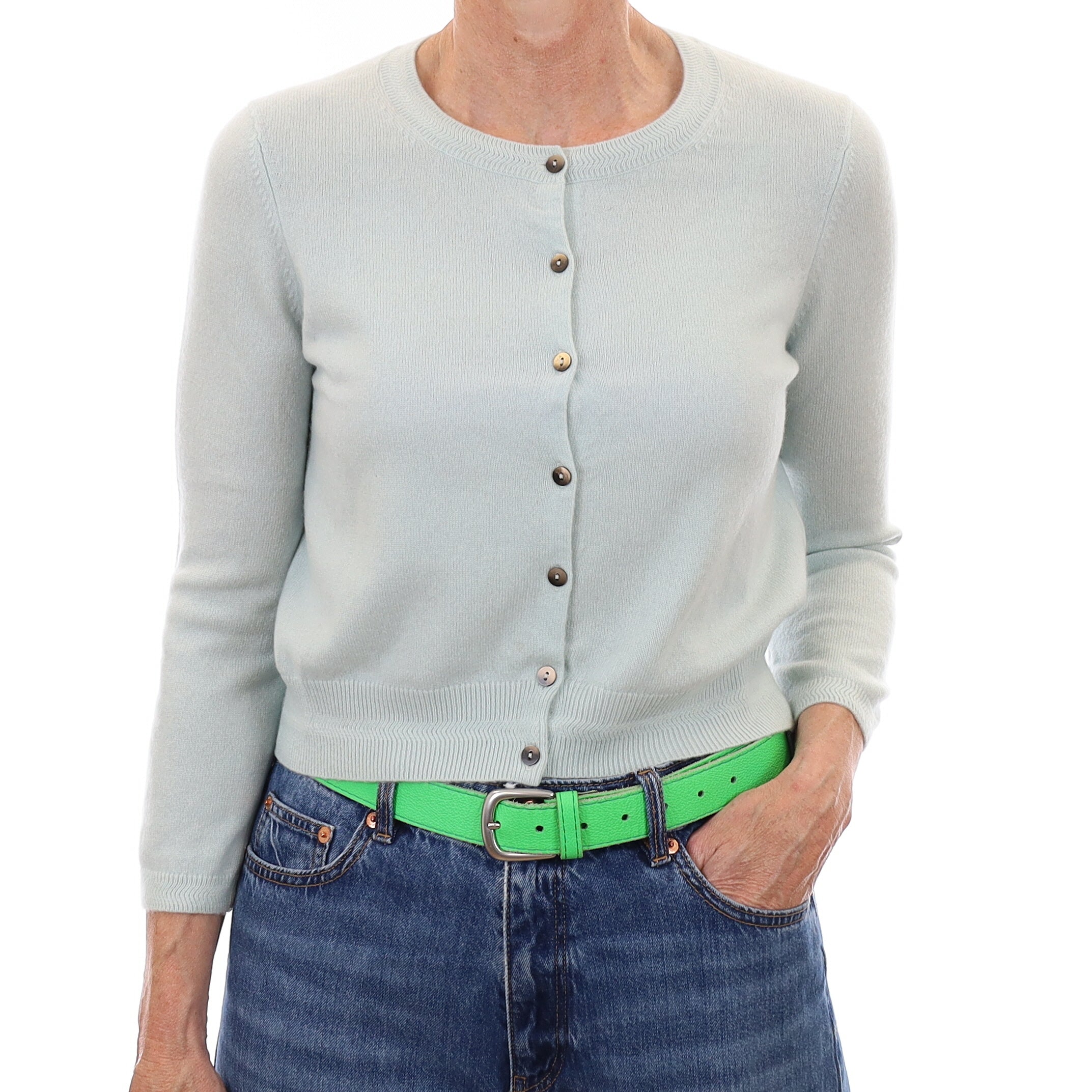 Opal Blue Cashmere Cropped Crew Neck Cardigan Small