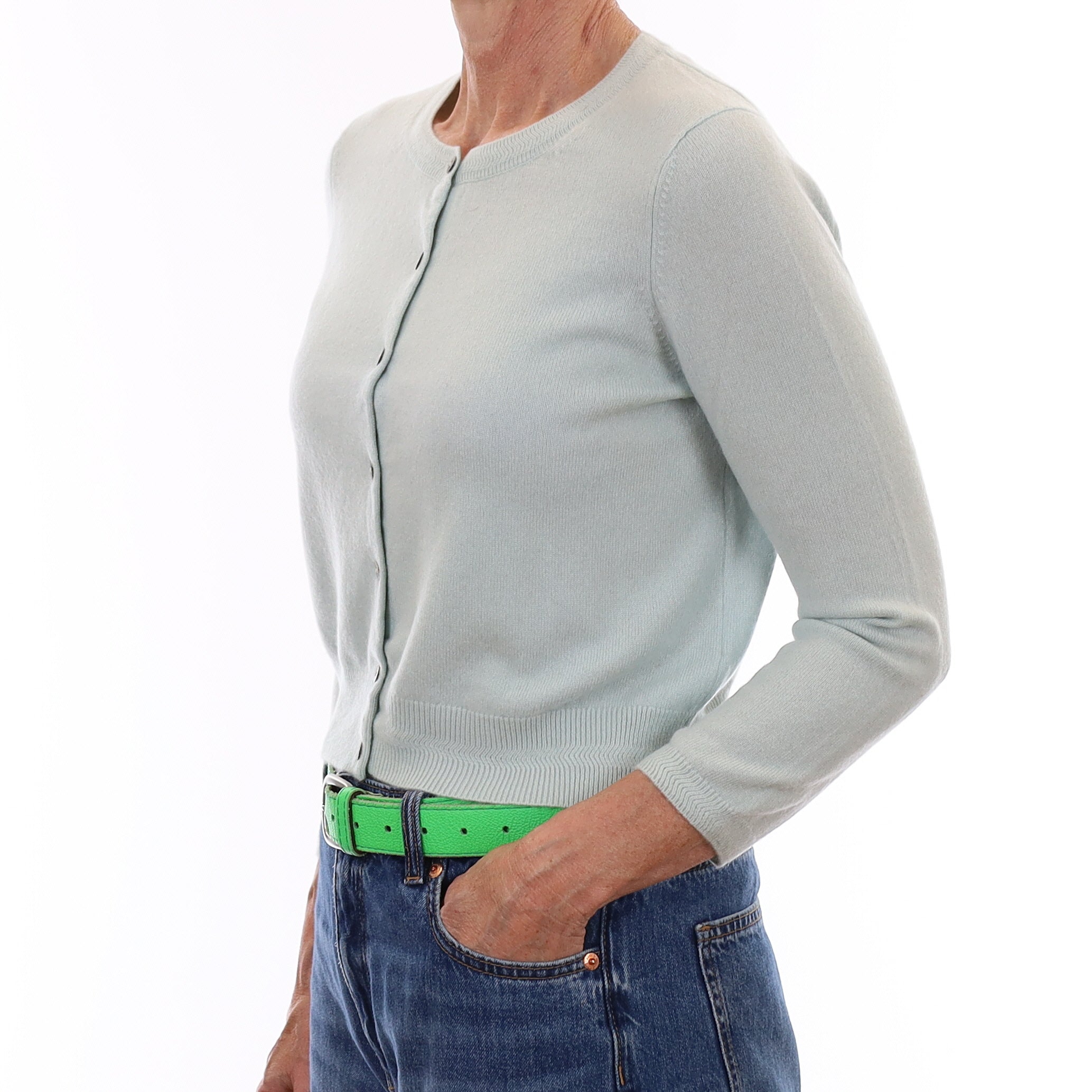 Opal Blue Cashmere Cropped Crew Neck Cardigan Small