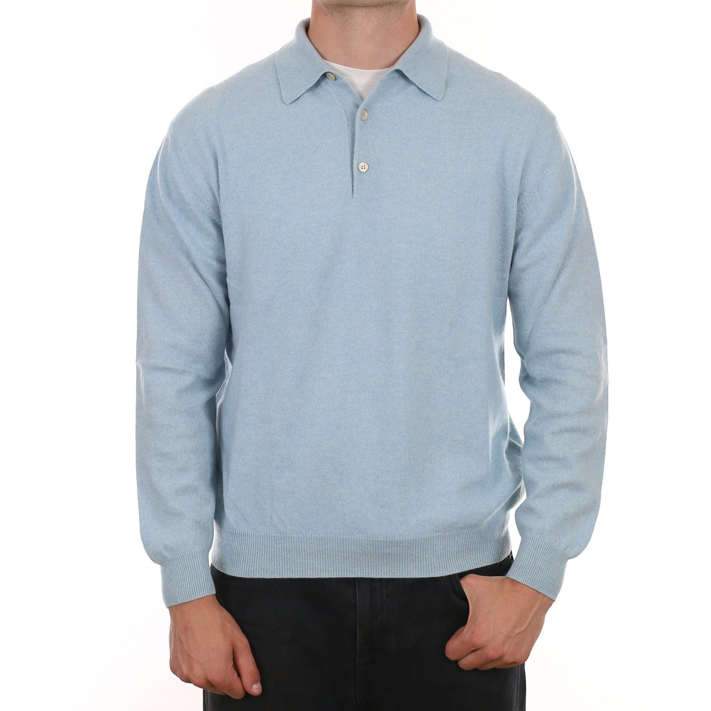 Men's Opal Blue Cashmere Collared 1/4 Button Jumper XL