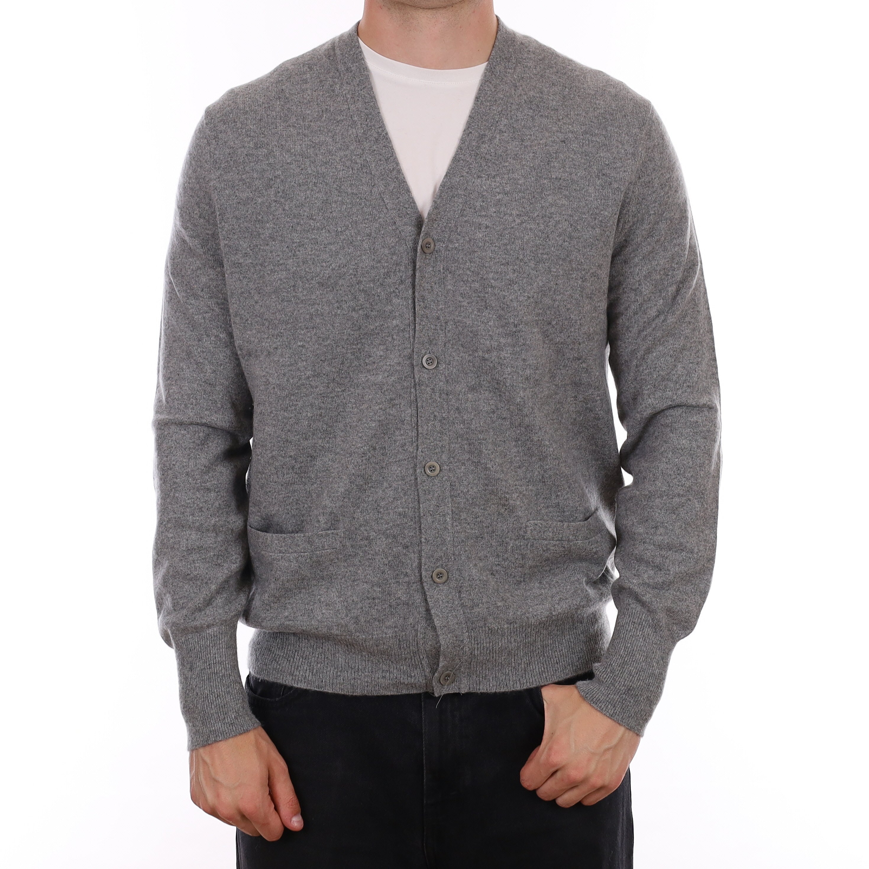 Men's Ash Grey Cashmere V Neck Cardigan with Pockets XL